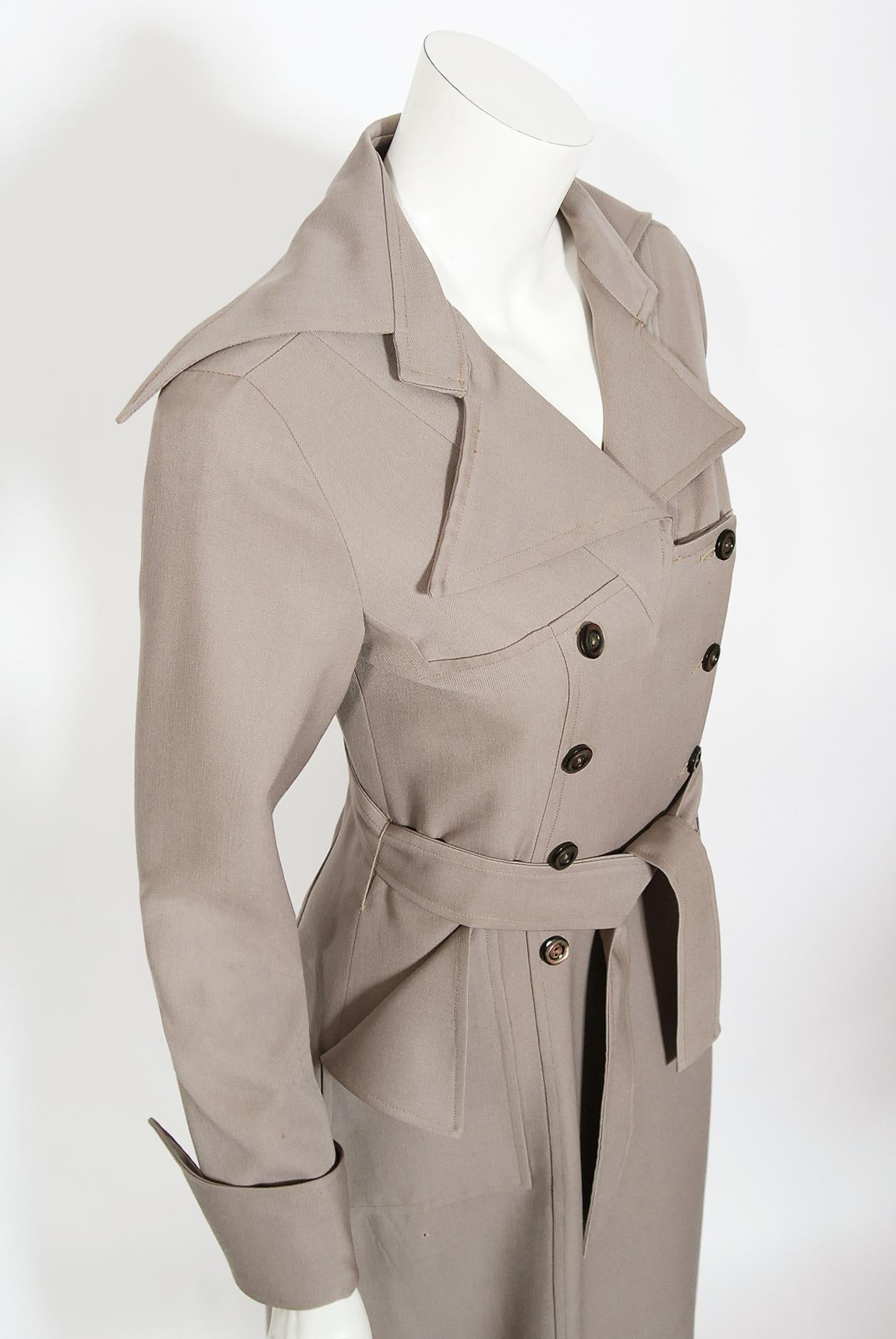 Vintage 1970's Ossie Clark Couture Dove-Gray Double Breasted Belted Trench Coat  2