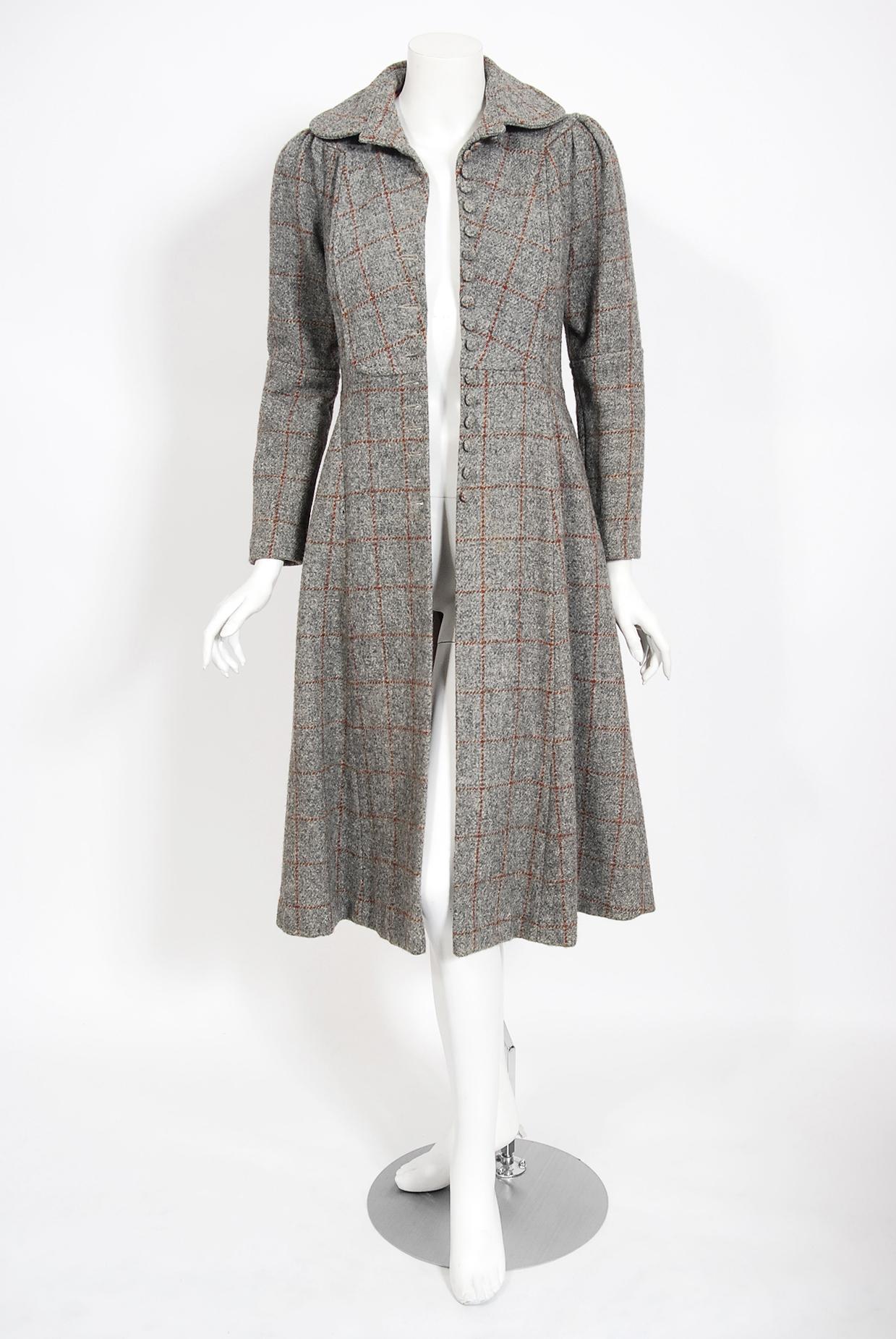 Vintage 1970's Ossie Clark Couture Gray Plaid Wool Pleated Princess ...