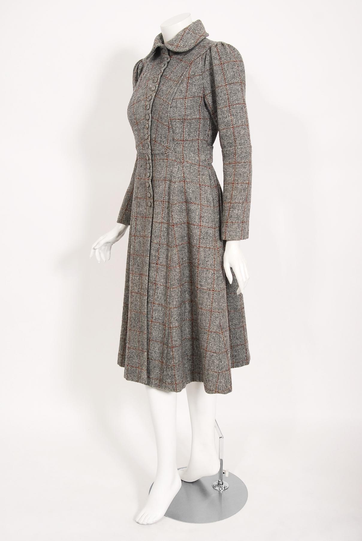 Vintage 1970's Ossie Clark Couture Gray Plaid Wool Pleated Princess Dress Coat 1