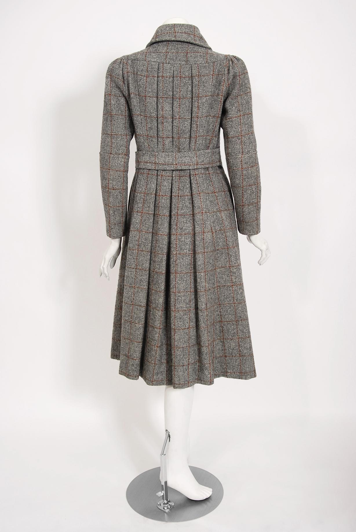 Vintage 1970's Ossie Clark Couture Gray Plaid Wool Pleated Princess Dress Coat 4