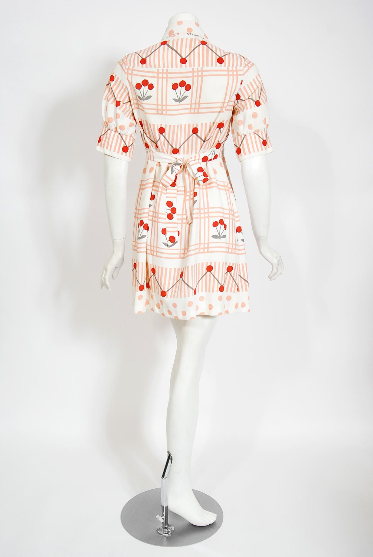 Vintage 1970's Ossie Clark Deco Cherries Celia Birtwell Print Crepe Mini Dress 5