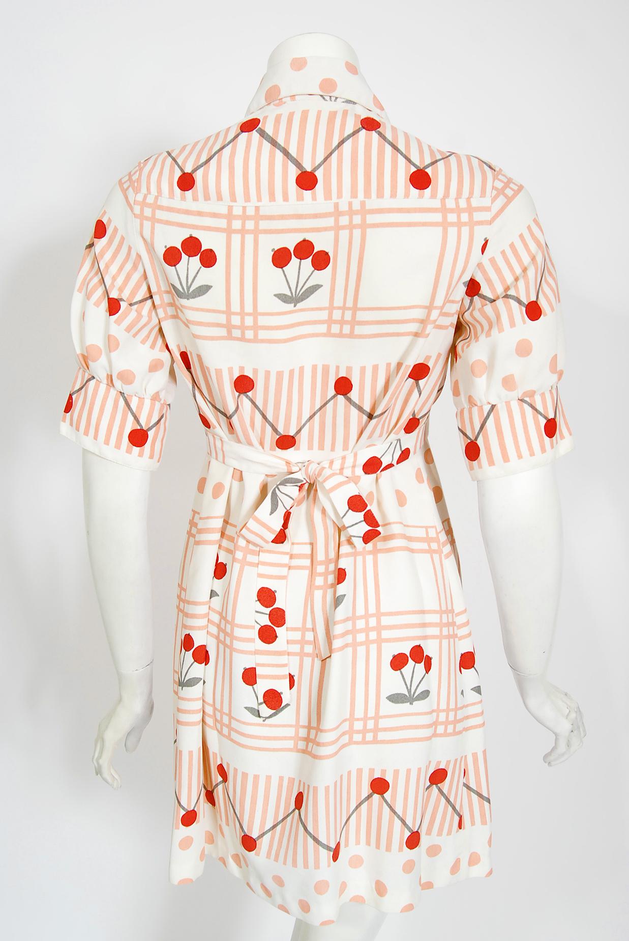 Vintage 1970's Ossie Clark Deco Cherries Celia Birtwell Print Crepe Mini Dress 6