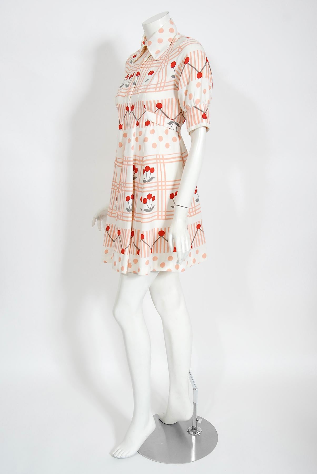 Beige Vintage 1970's Ossie Clark Deco Cherries Celia Birtwell Print Crepe Mini Dress