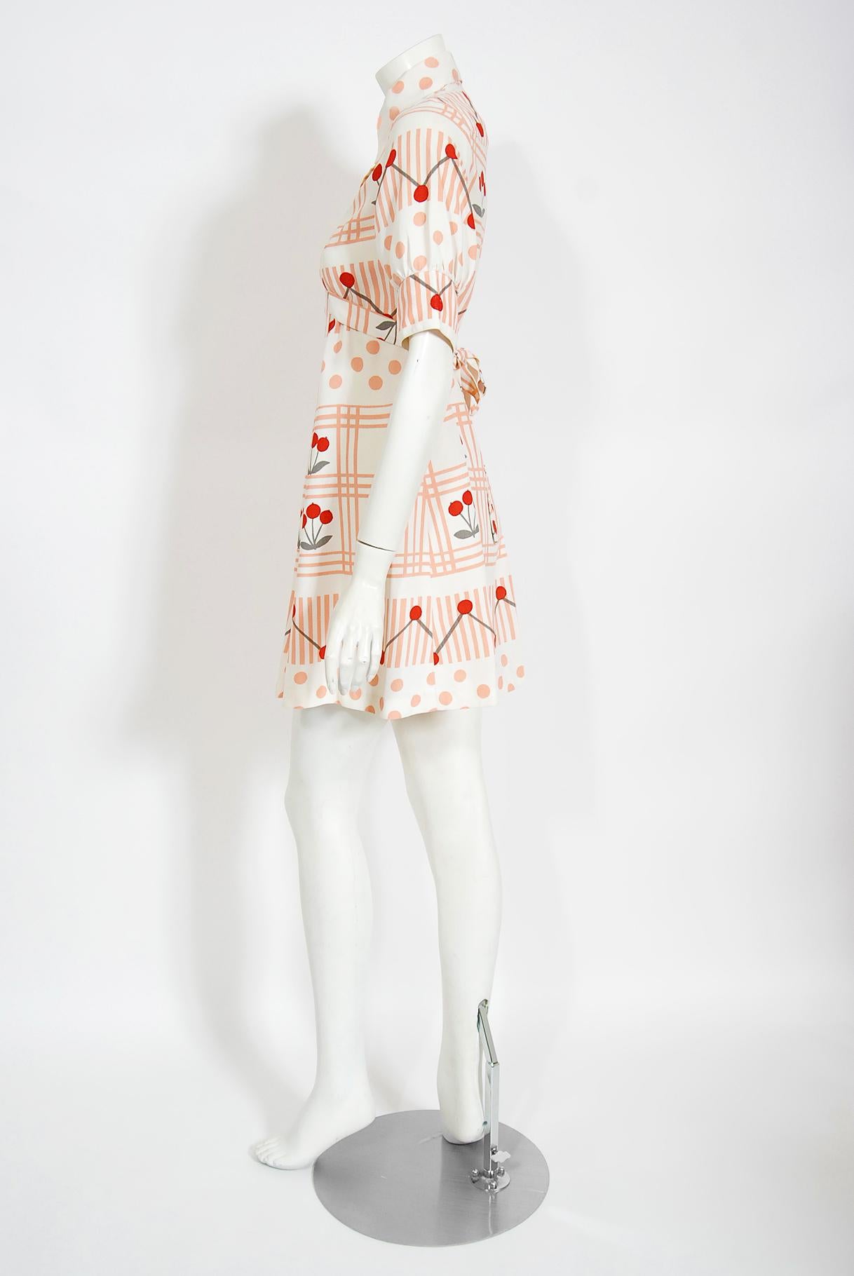 Vintage 1970's Ossie Clark Deco Cherries Celia Birtwell Print Crepe Mini Dress 1