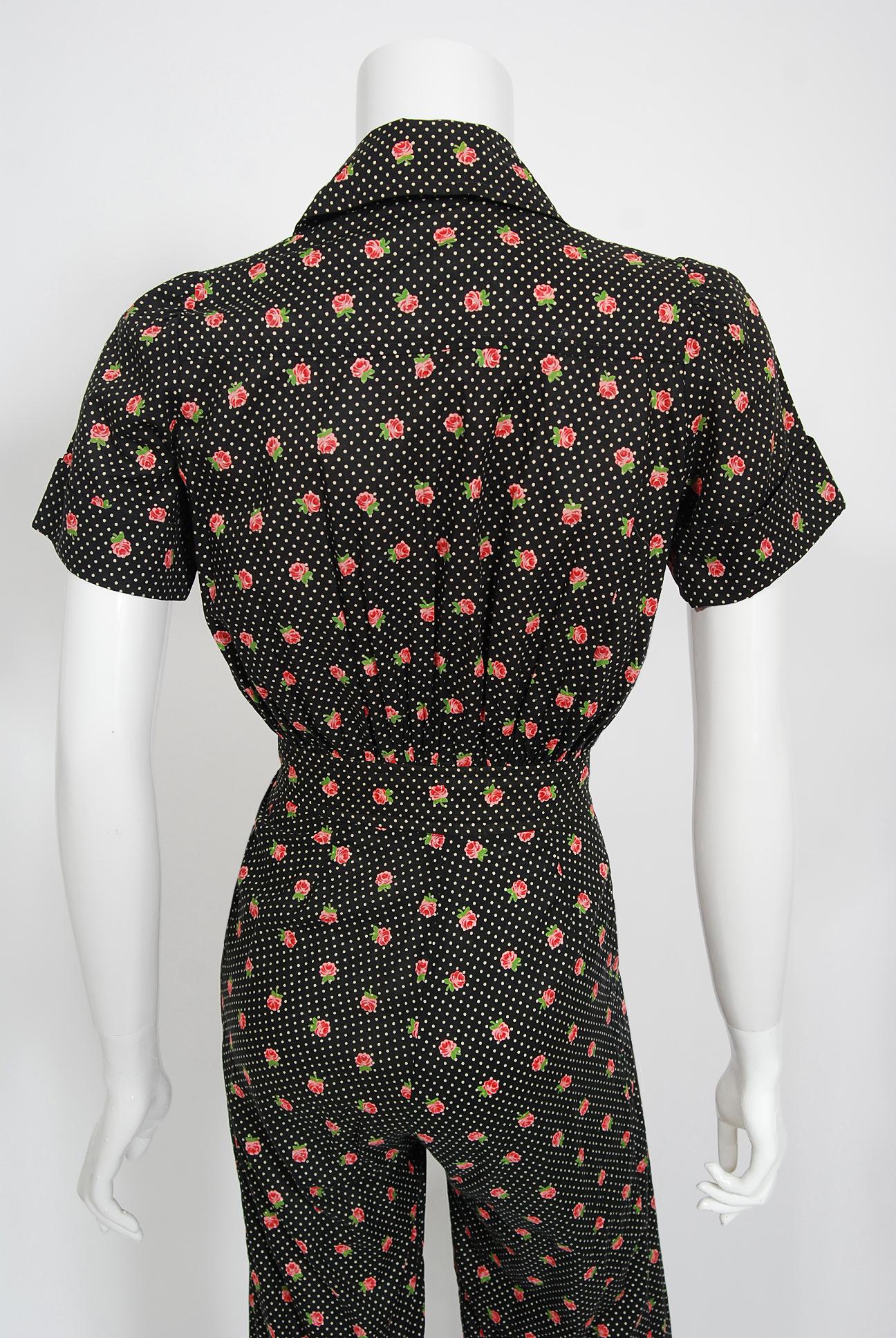 Vintage 1970's Ossie Clark For Radley Dotted Floral Deco Print Cotton Jumpsuit 2