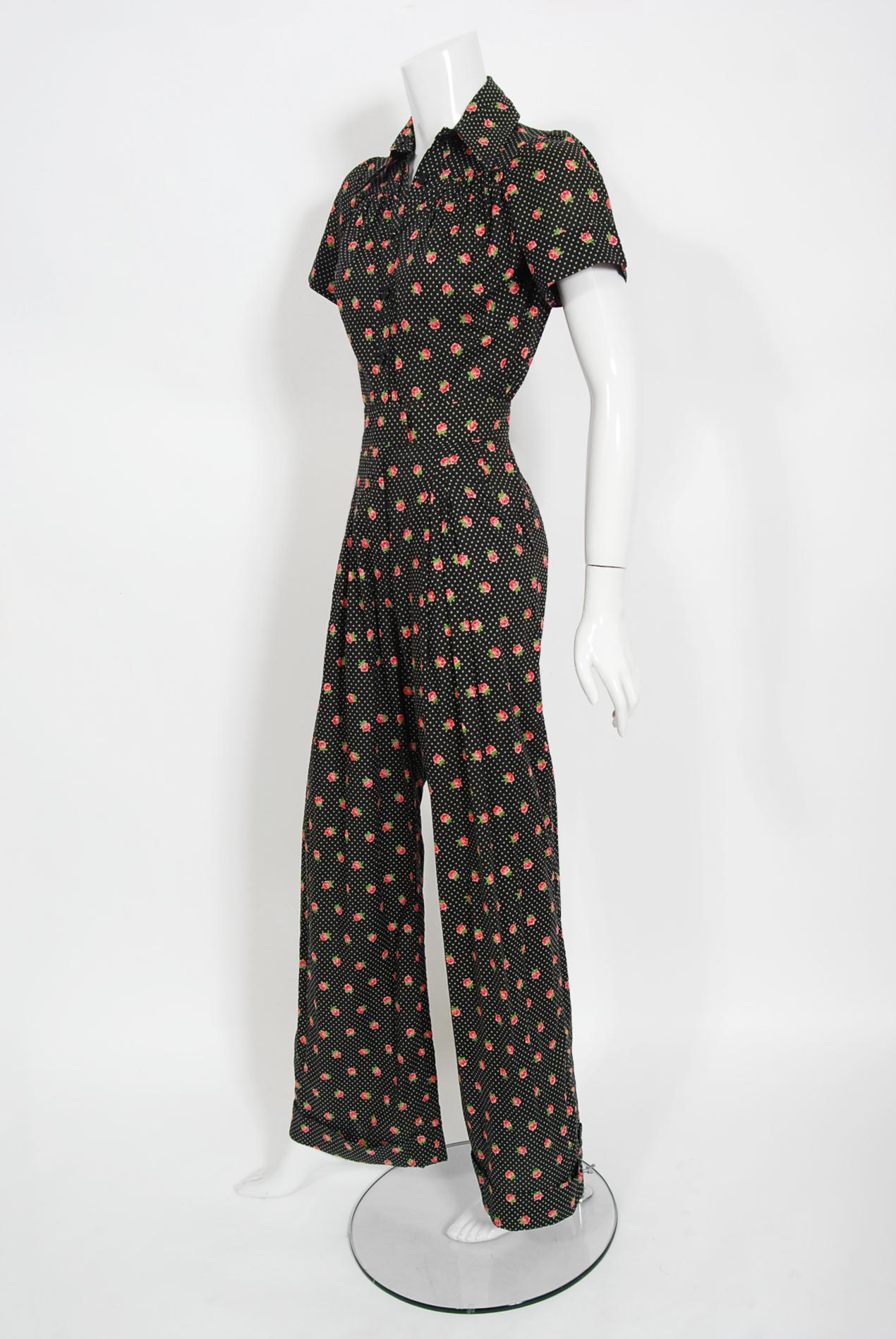 Vintage 1970''s Ossie Clark For Radley Dotted Floral Deco Print Cotton  Jumpsuit For Sale at 1stDibs