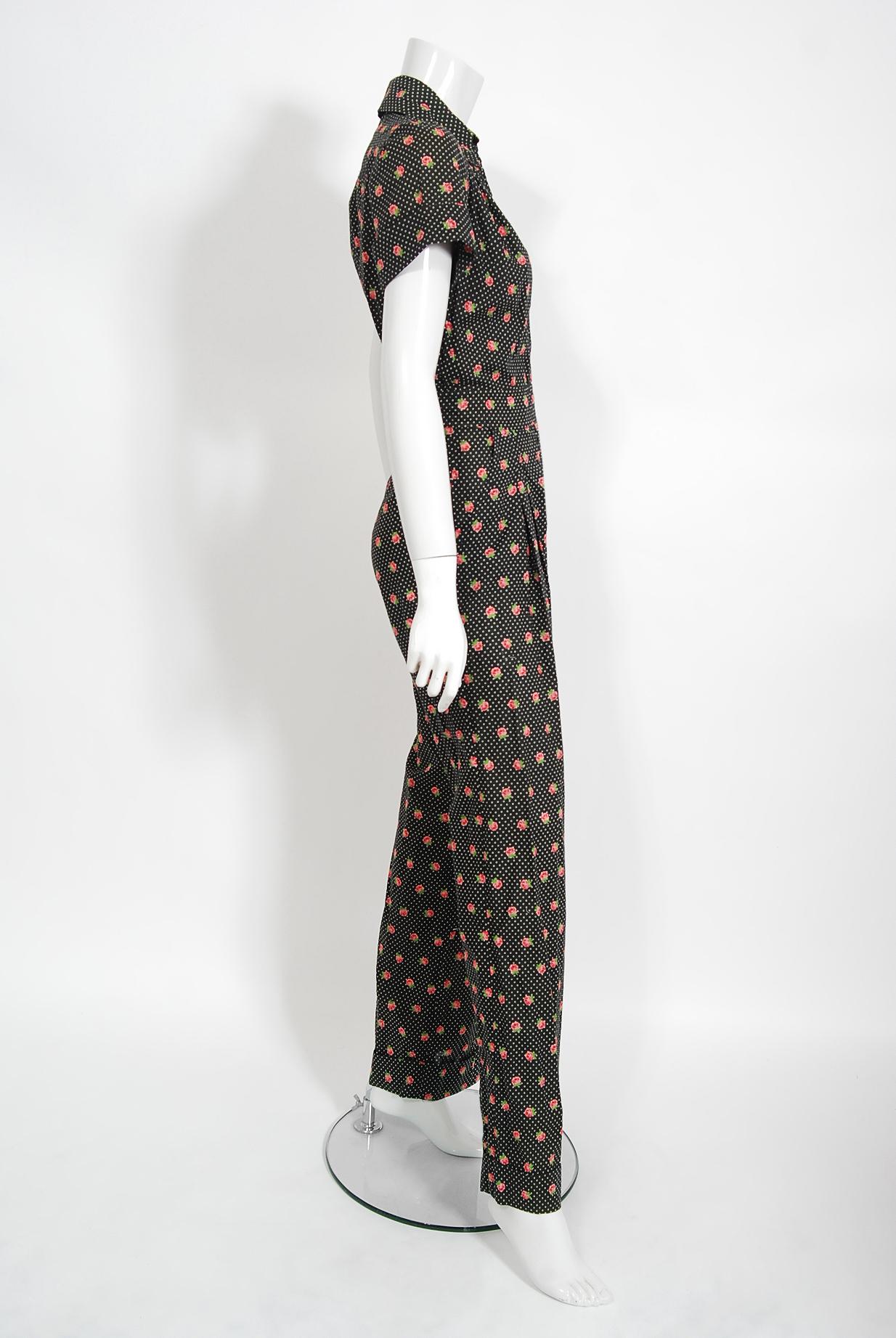 Black Vintage 1970's Ossie Clark For Radley Dotted Floral Deco Print Cotton Jumpsuit