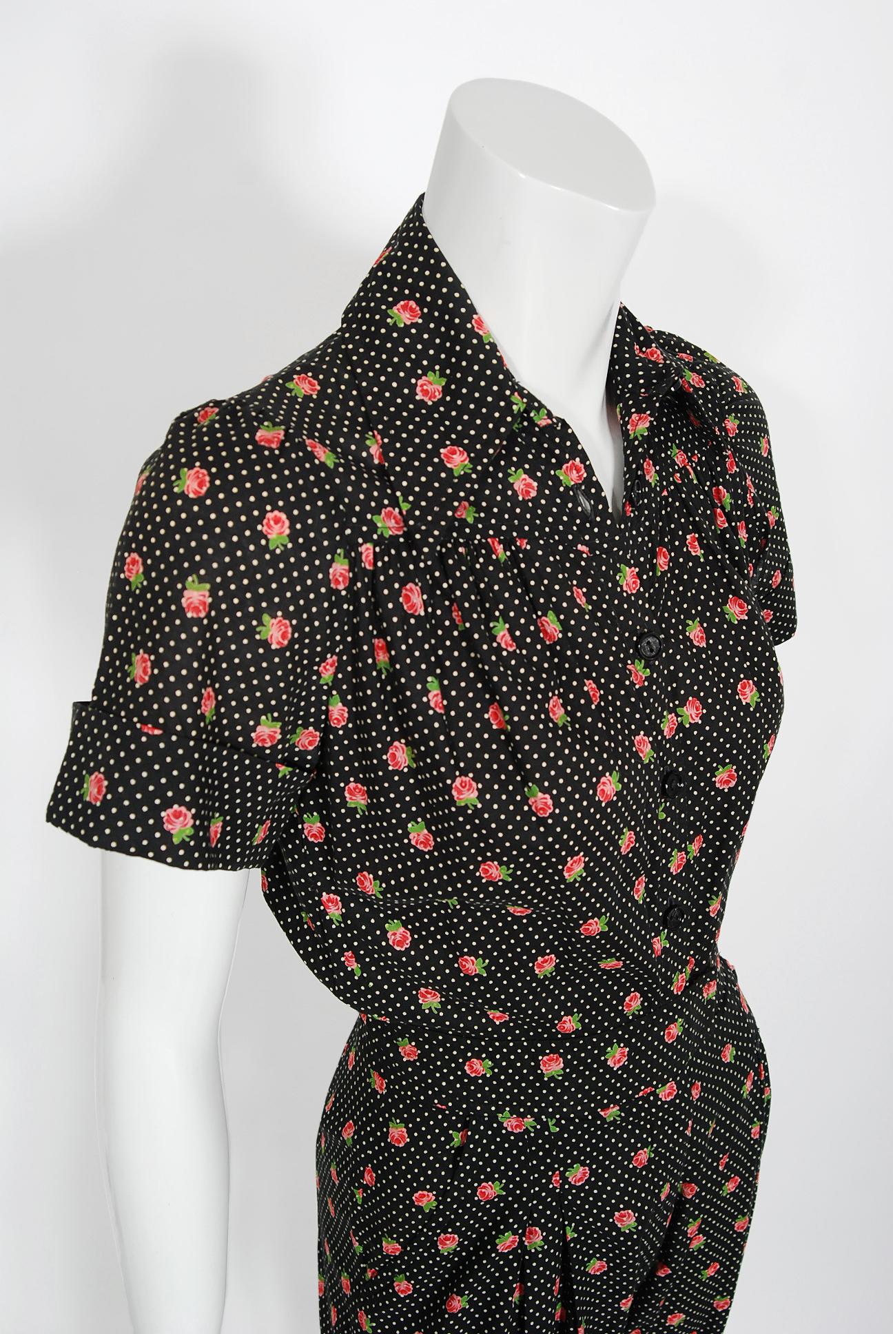 Vintage 1970's Ossie Clark For Radley Dotted Floral Deco Print Cotton Jumpsuit In Good Condition In Beverly Hills, CA