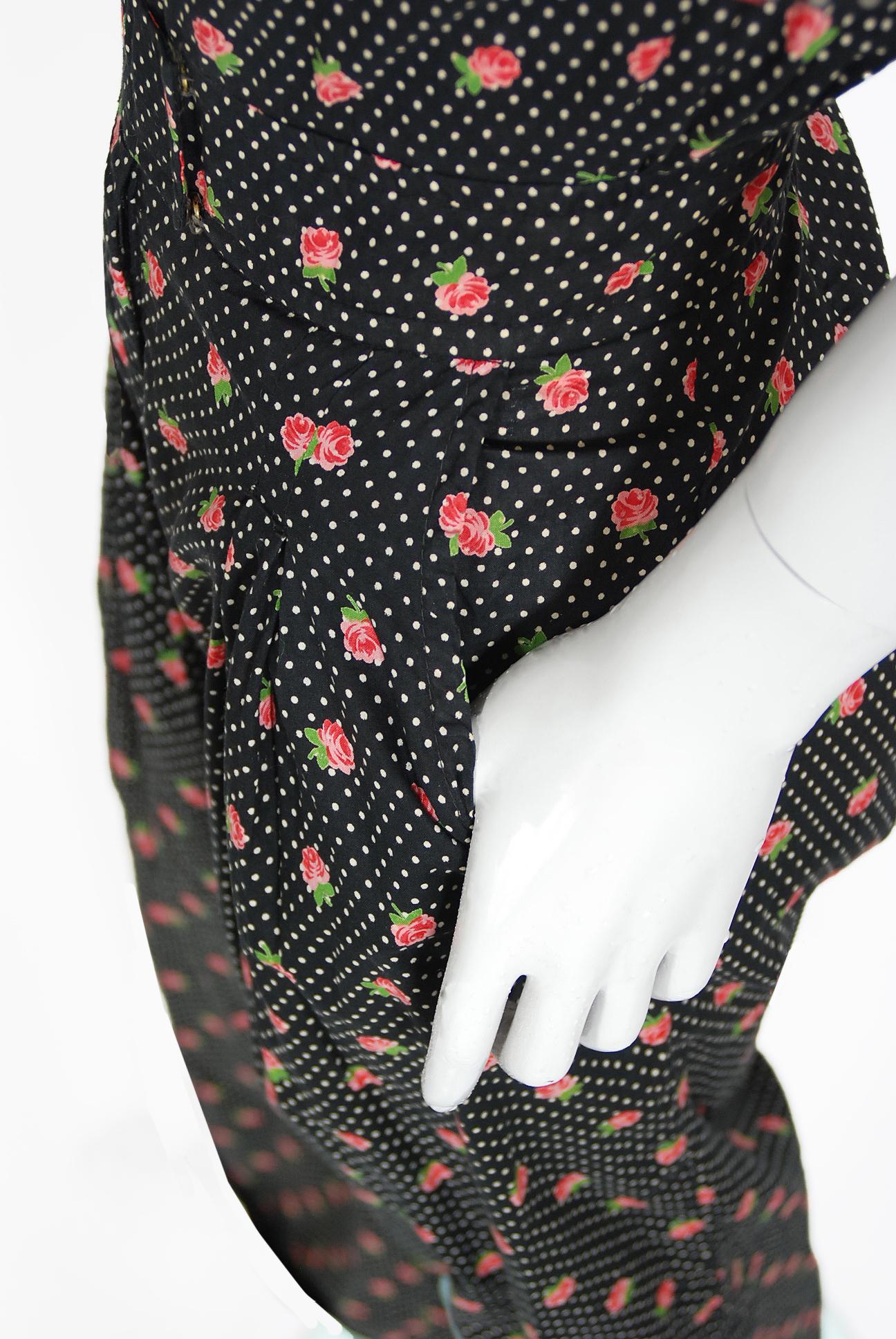 Women's Vintage 1970's Ossie Clark For Radley Dotted Floral Deco Print Cotton Jumpsuit