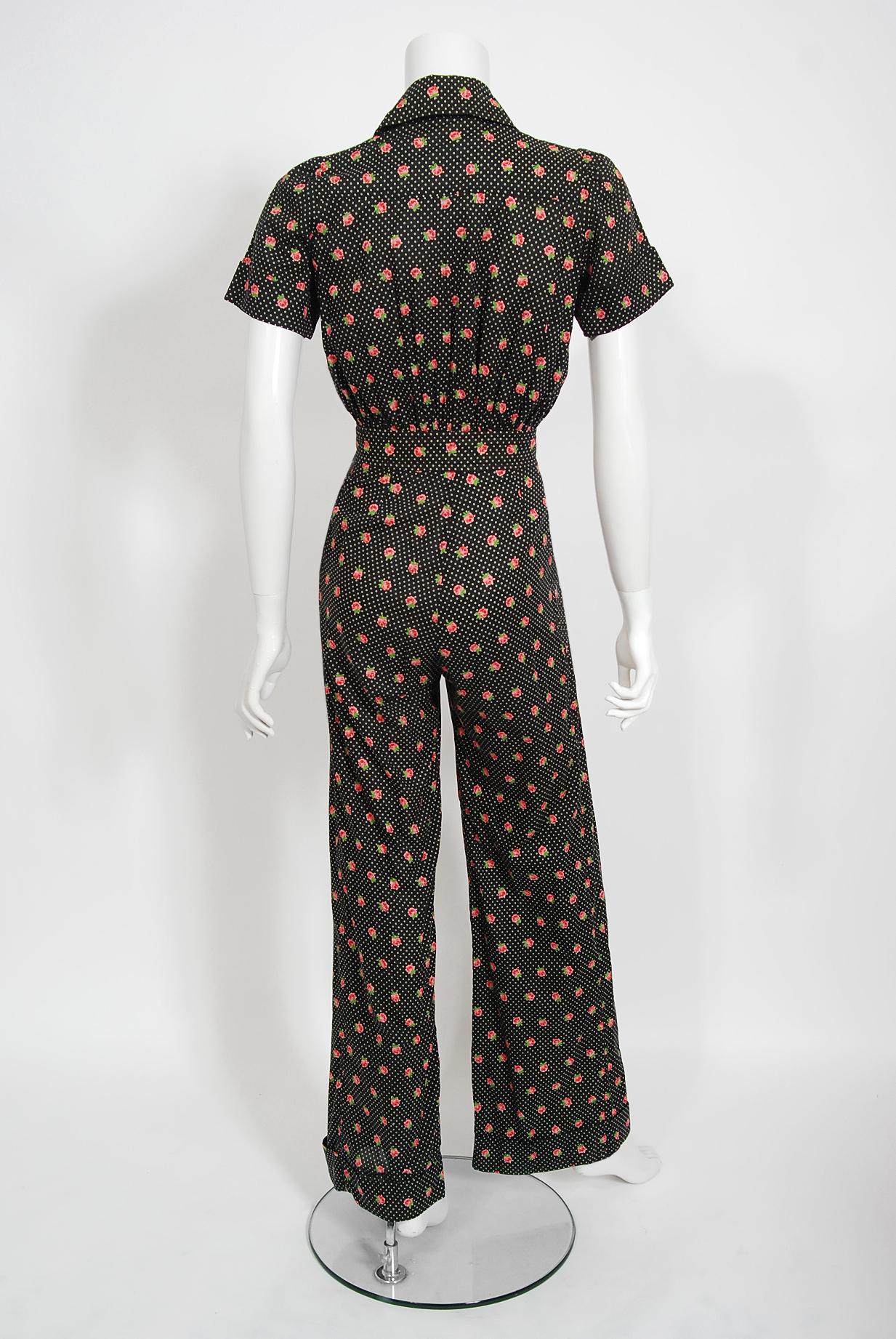 Vintage 1970's Ossie Clark For Radley Dotted Floral Deco Print Cotton Jumpsuit 1