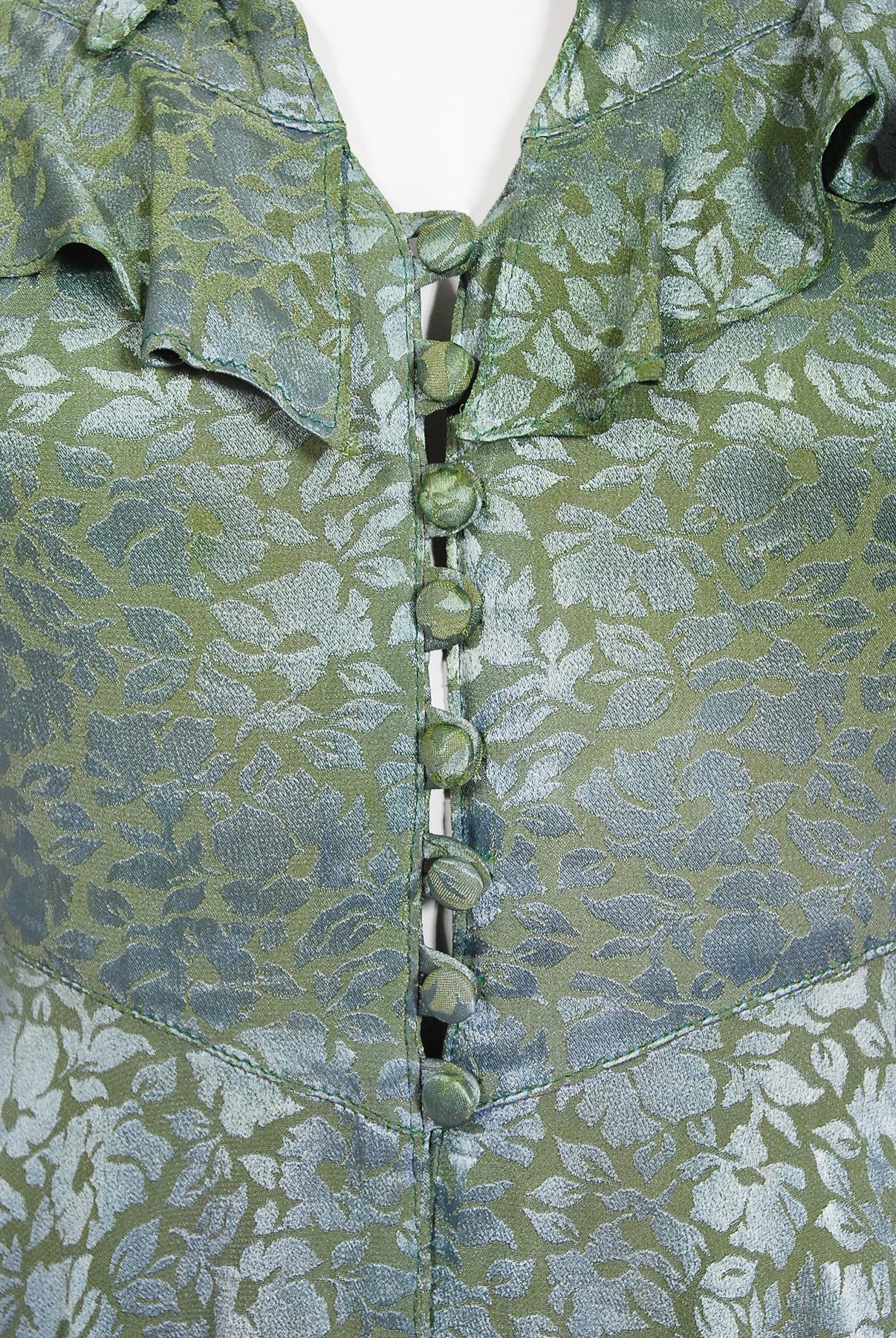 Gray Vintage 1970s Ossie Clark Green Blue Damask Satin Neck-Tie Peplum Blouse & Skirt