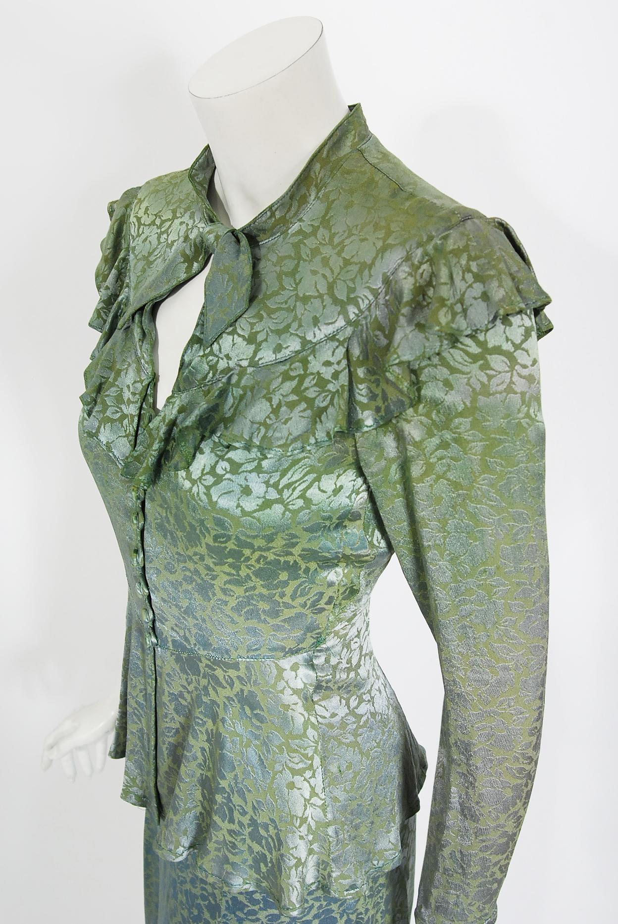 Women's Vintage 1970s Ossie Clark Green Blue Damask Satin Neck-Tie Peplum Blouse & Skirt