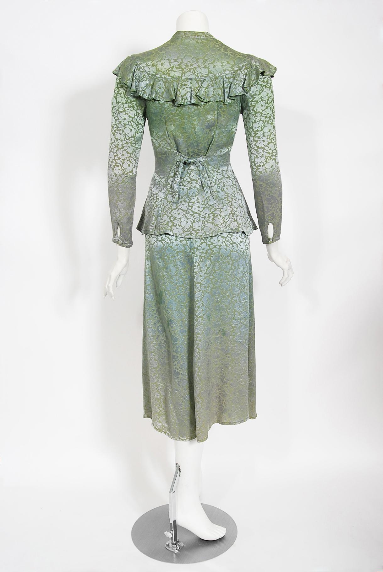 Vintage 1970s Ossie Clark Green Blue Damask Satin Neck-Tie Peplum Blouse & Skirt 3
