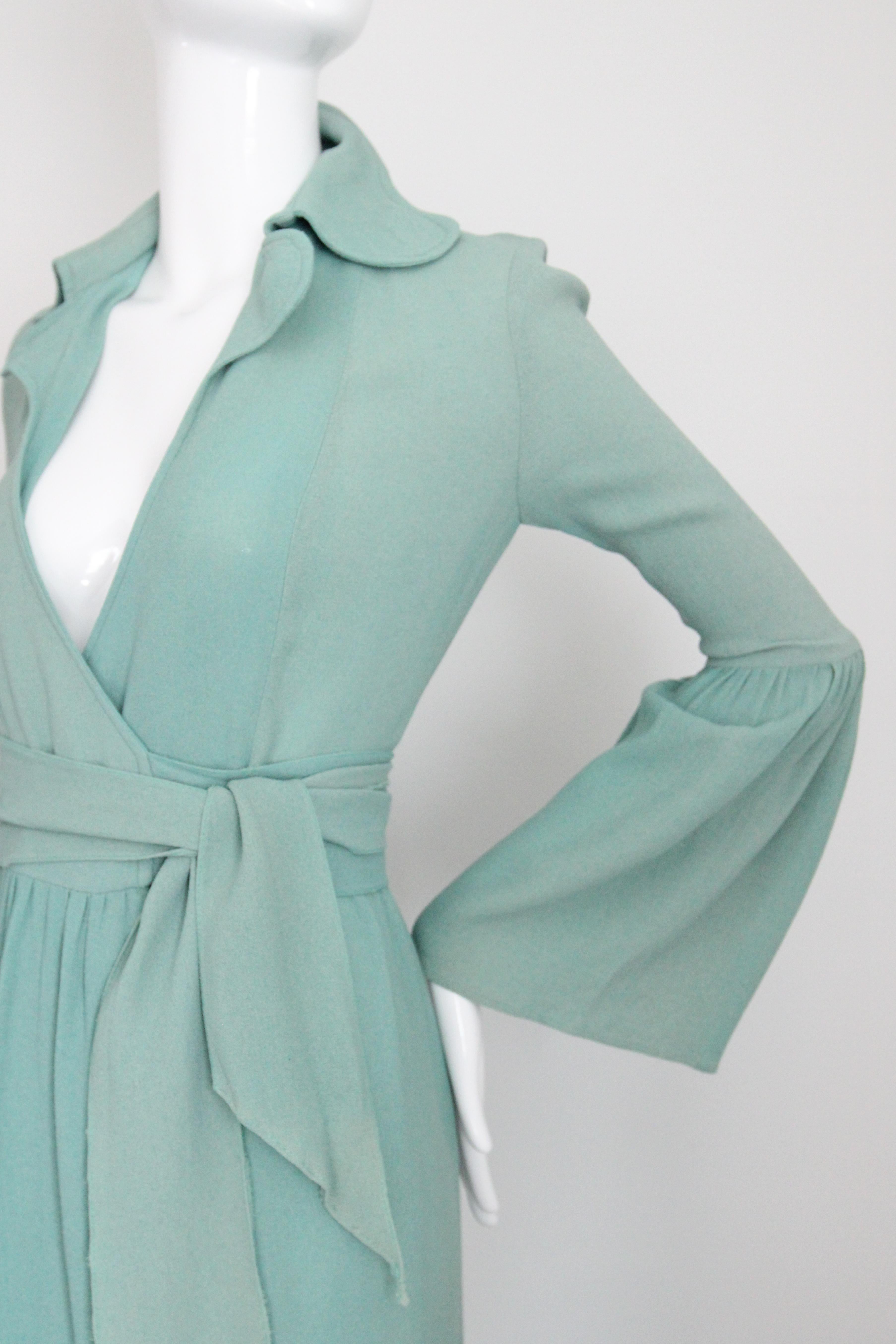 Vintage 1970's Ossie Clark Moss Crepe Silk Wrap Dress Eau De Nil UK 8 US 4 For Sale 5