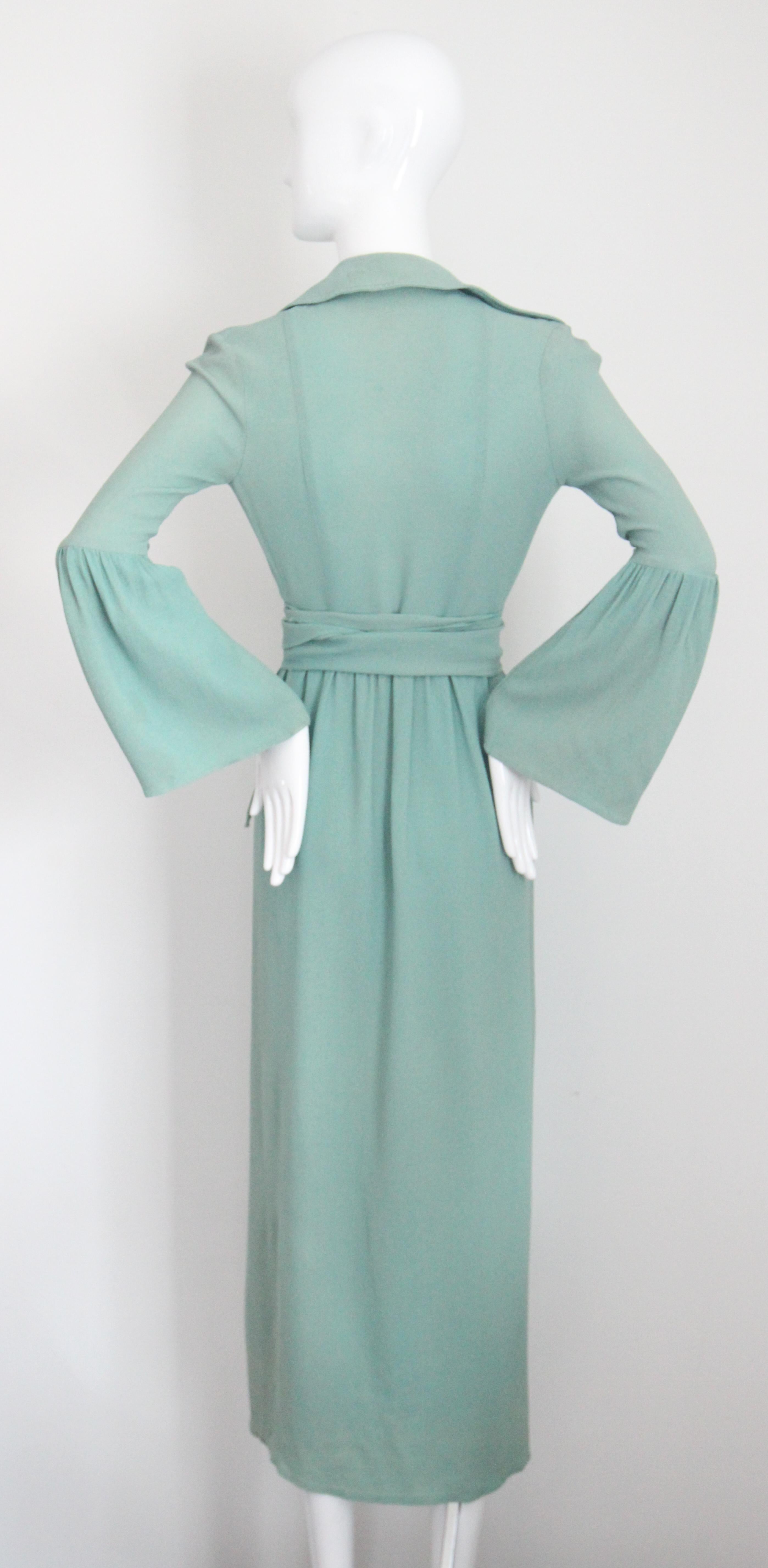 Vintage 1970's Ossie Clark Moss Crepe Silk Wrap Dress Eau De Nil UK 8 US 4 For Sale 6
