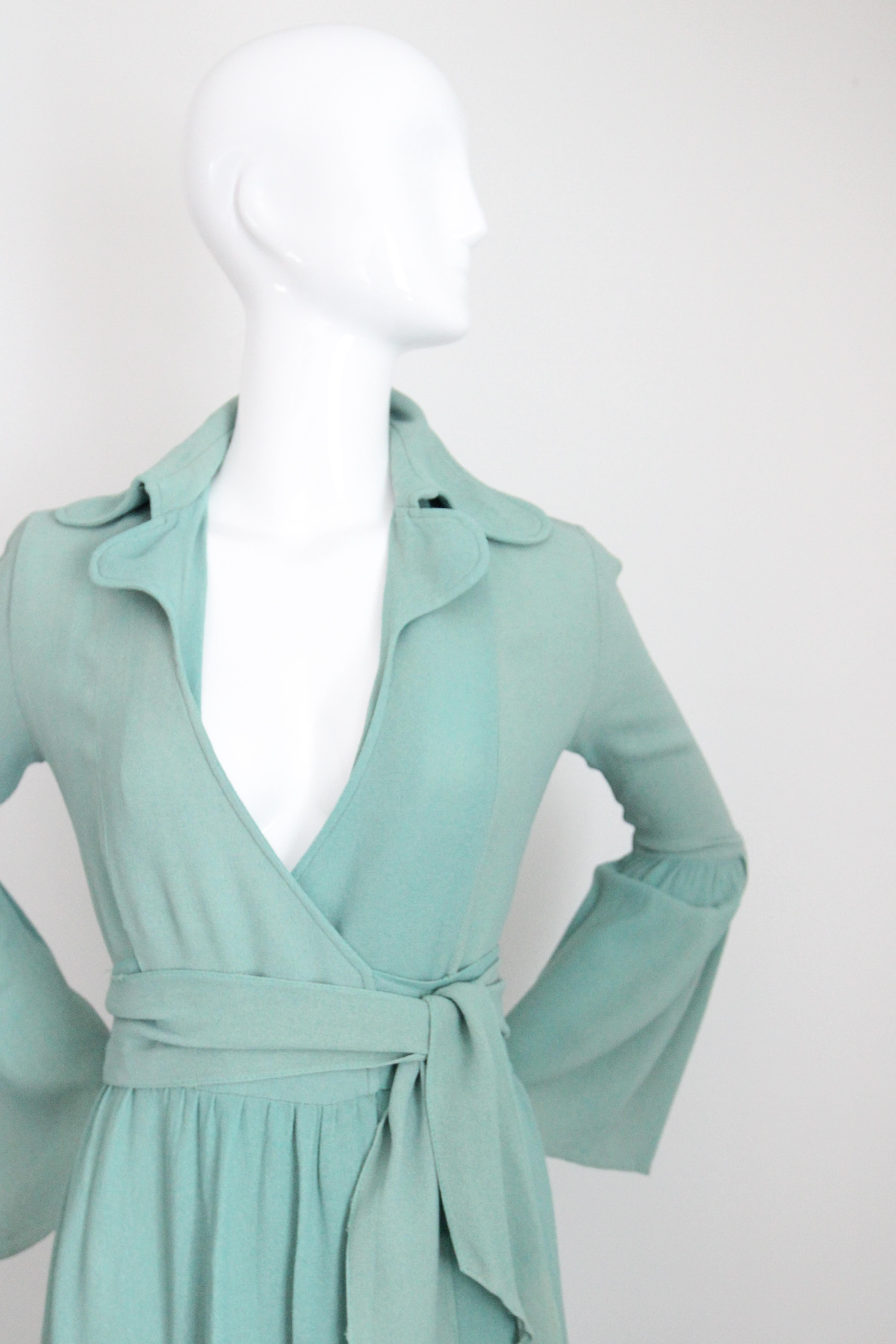 Blue Vintage 1970's Ossie Clark Moss Crepe Silk Wrap Dress Eau De Nil UK 8 US 4 For Sale