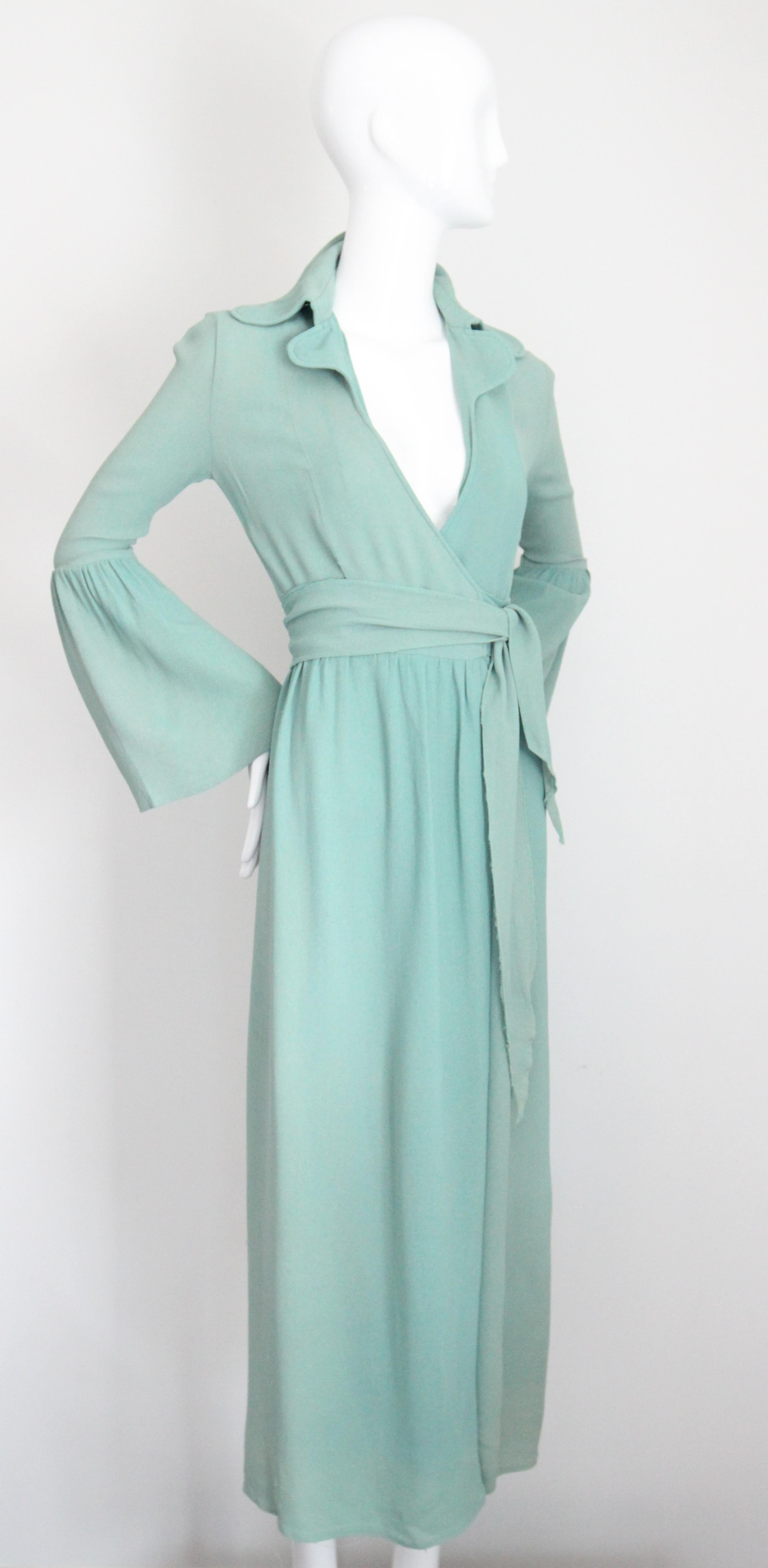 Women's Vintage 1970's Ossie Clark Moss Crepe Silk Wrap Dress Eau De Nil UK 8 US 4 For Sale