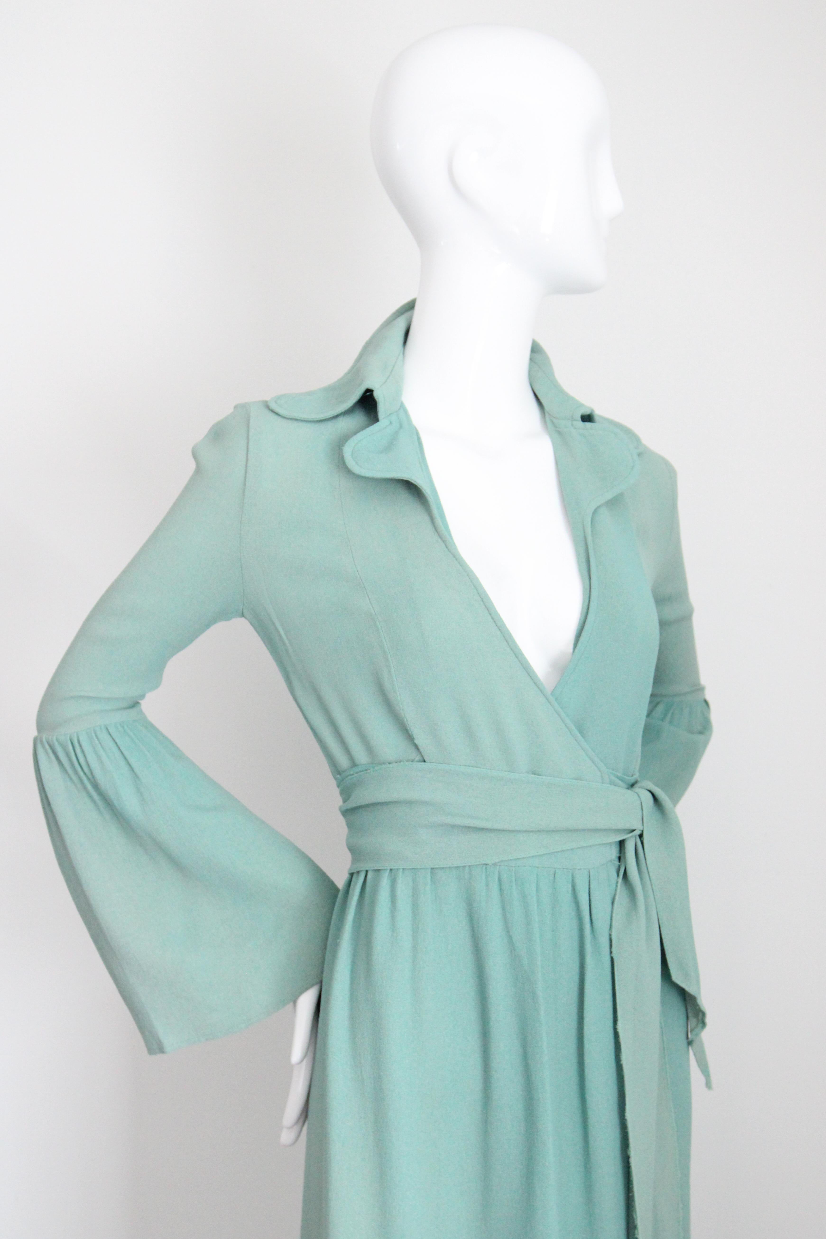 Vintage 1970's Ossie Clark Moss Crepe Silk Wrap Dress Eau De Nil UK 8 US 4 For Sale 1