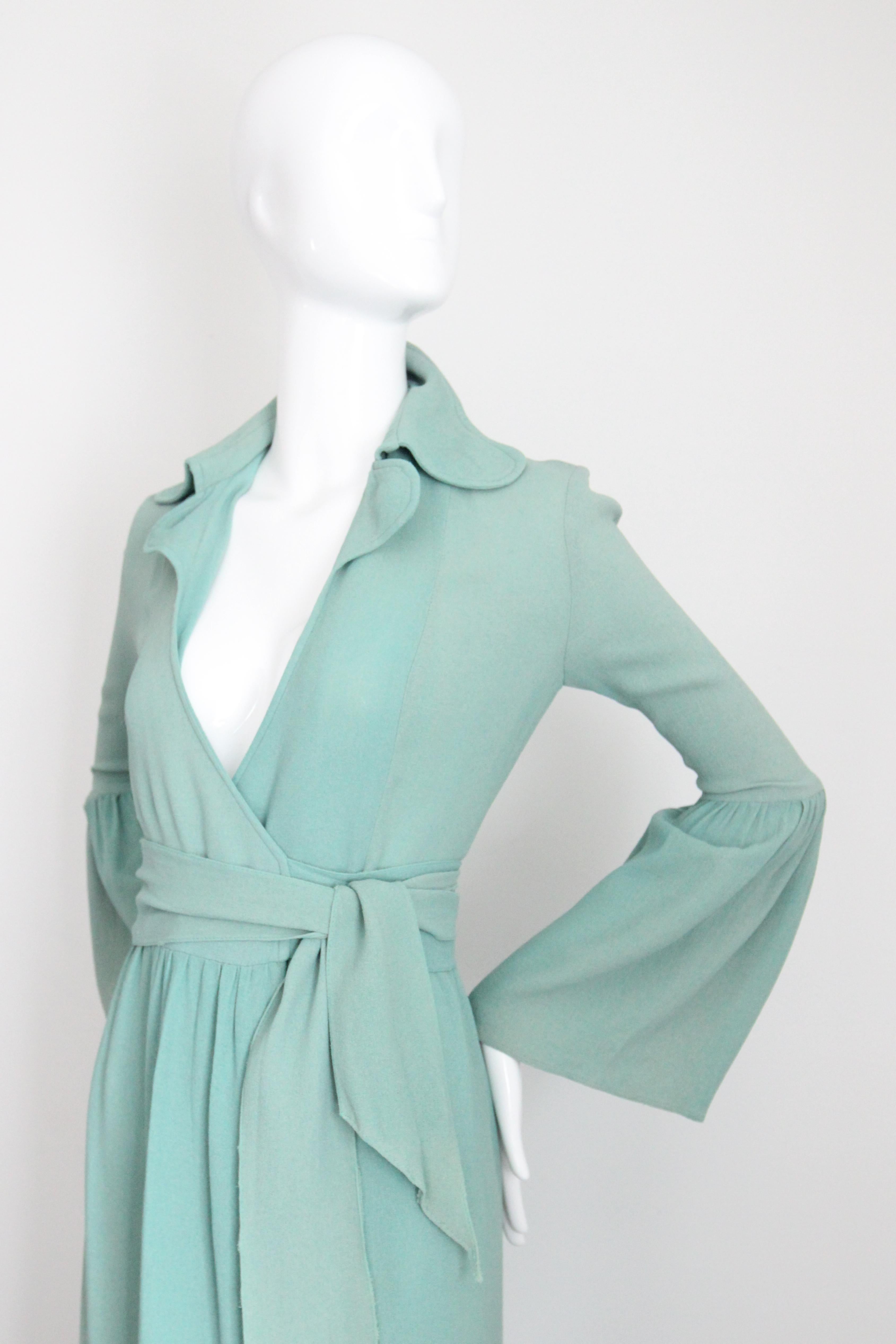 Vintage 1970's Ossie Clark Moss Crepe Silk Wrap Dress Eau De Nil UK 8 US 4 For Sale 4