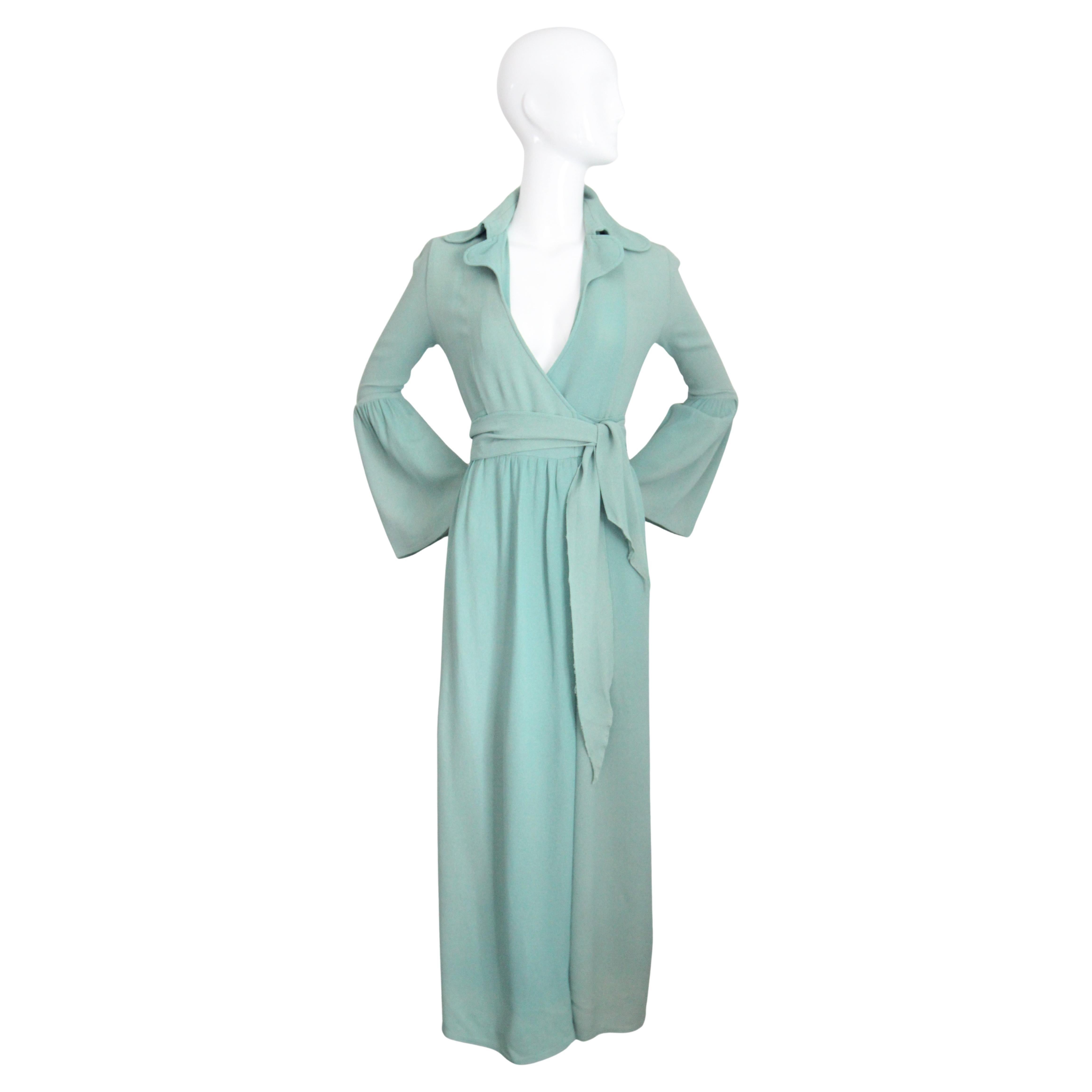 Vintage 1970's Ossie Clark Moss Crepe Silk Wrap Dress Eau De Nil UK 8 US 4 For Sale