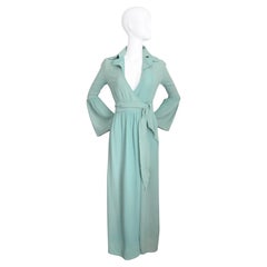 Vintage 1970's Ossie Clark Moss Crepe Silk Wrap Dress Eau De Nil UK 8 US 4