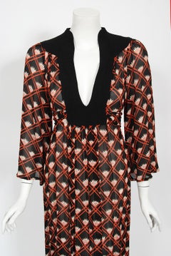 Vintage 1970s Ossie Clark 'Pineapple' Celia Birtwell Print Silk Crepe Maxi Dress