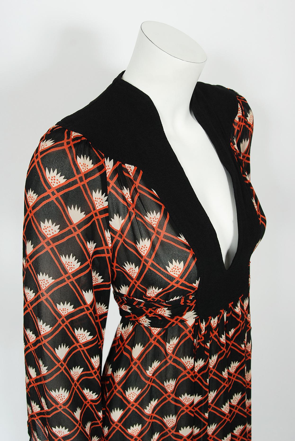 Vintage 1970s Ossie Clark 'Pineapple' Celia Birtwell Print Silk Crepe Maxi Dress 1
