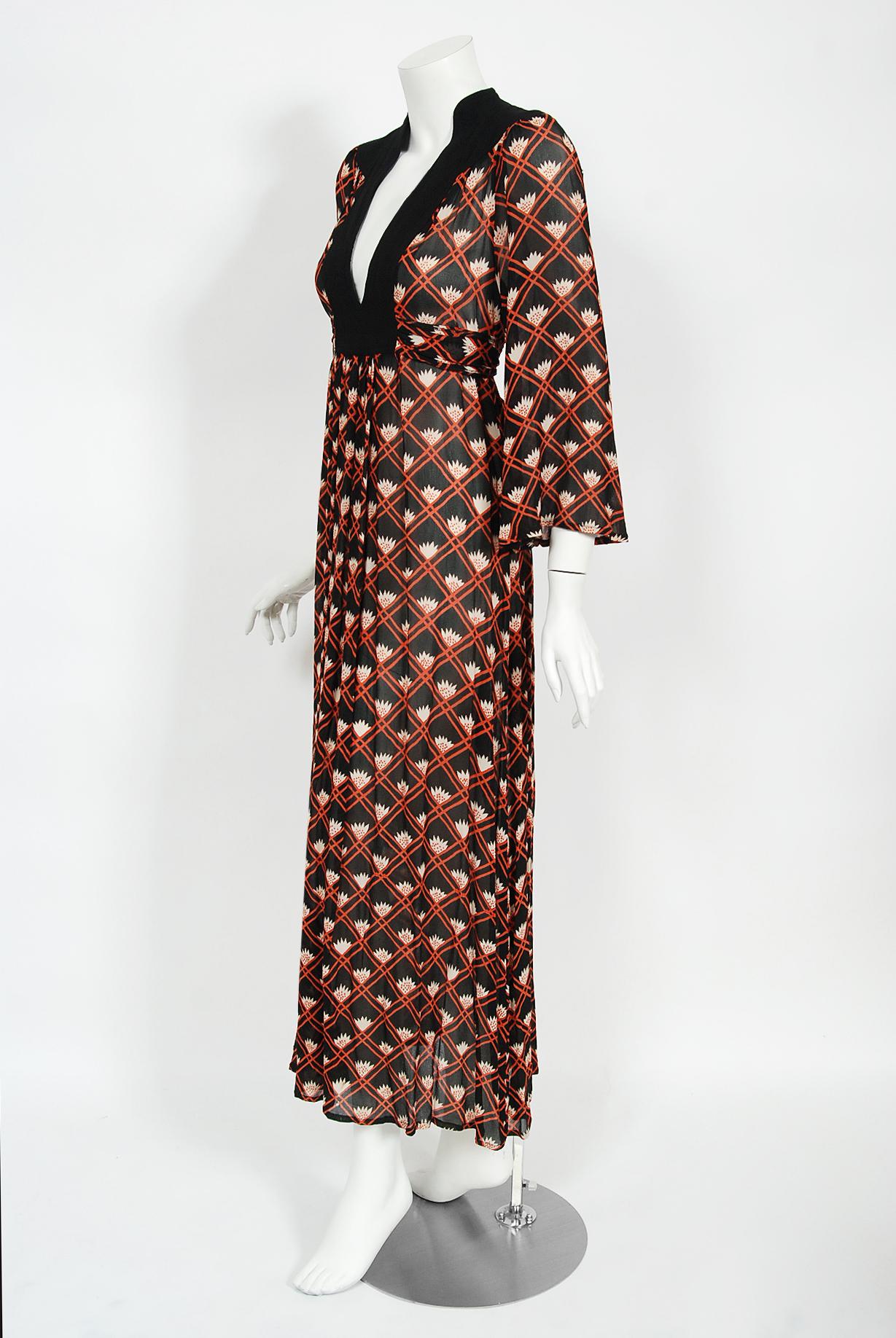 Vintage 1970s Ossie Clark 'Pineapple' Celia Birtwell Print Silk Crepe Maxi Dress 2