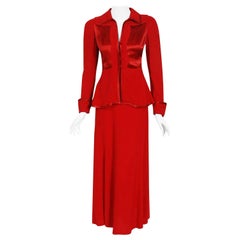 Vintage 1970
s Ossie Clark Red Moss-Crepe Satin Deco Peplum Blouse 
Maxi Skirt