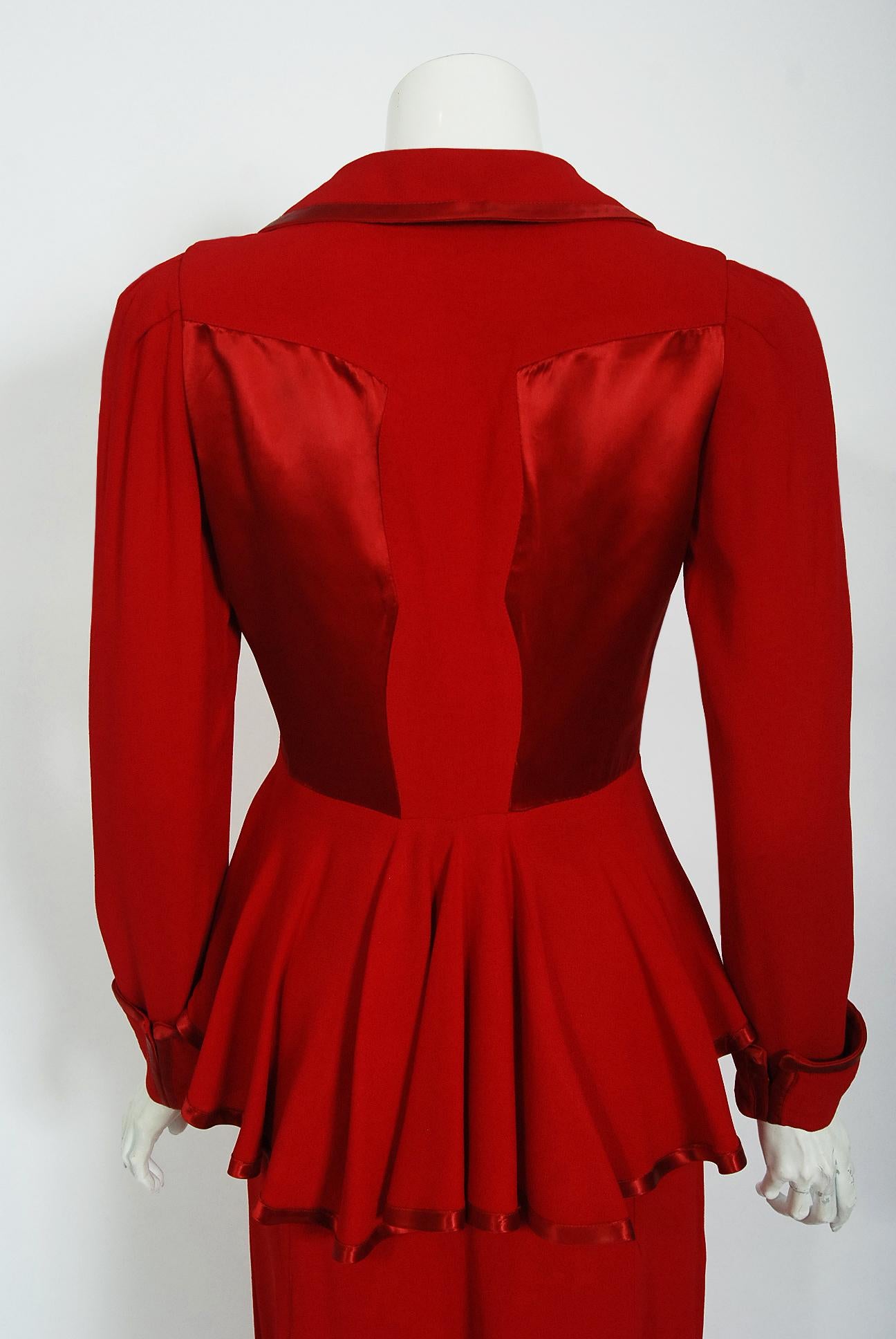 Vintage 1970's Ossie Clark Red Moss-Crepe Satin Deco Peplum Blouse & Maxi Skirt 3