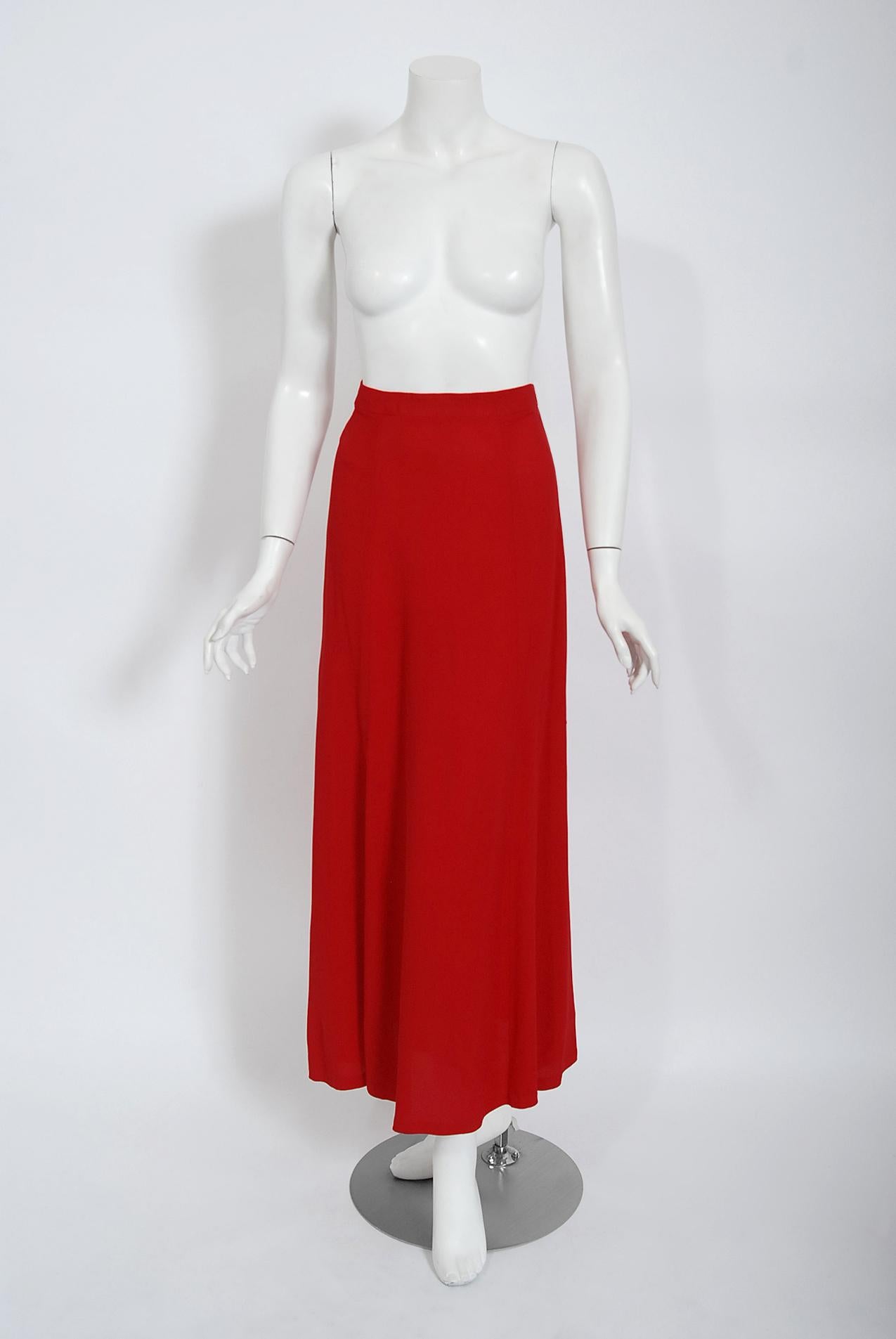 Vintage 1970's Ossie Clark Red Moss-Crepe Satin Deco Peplum Blouse & Maxi Skirt 4