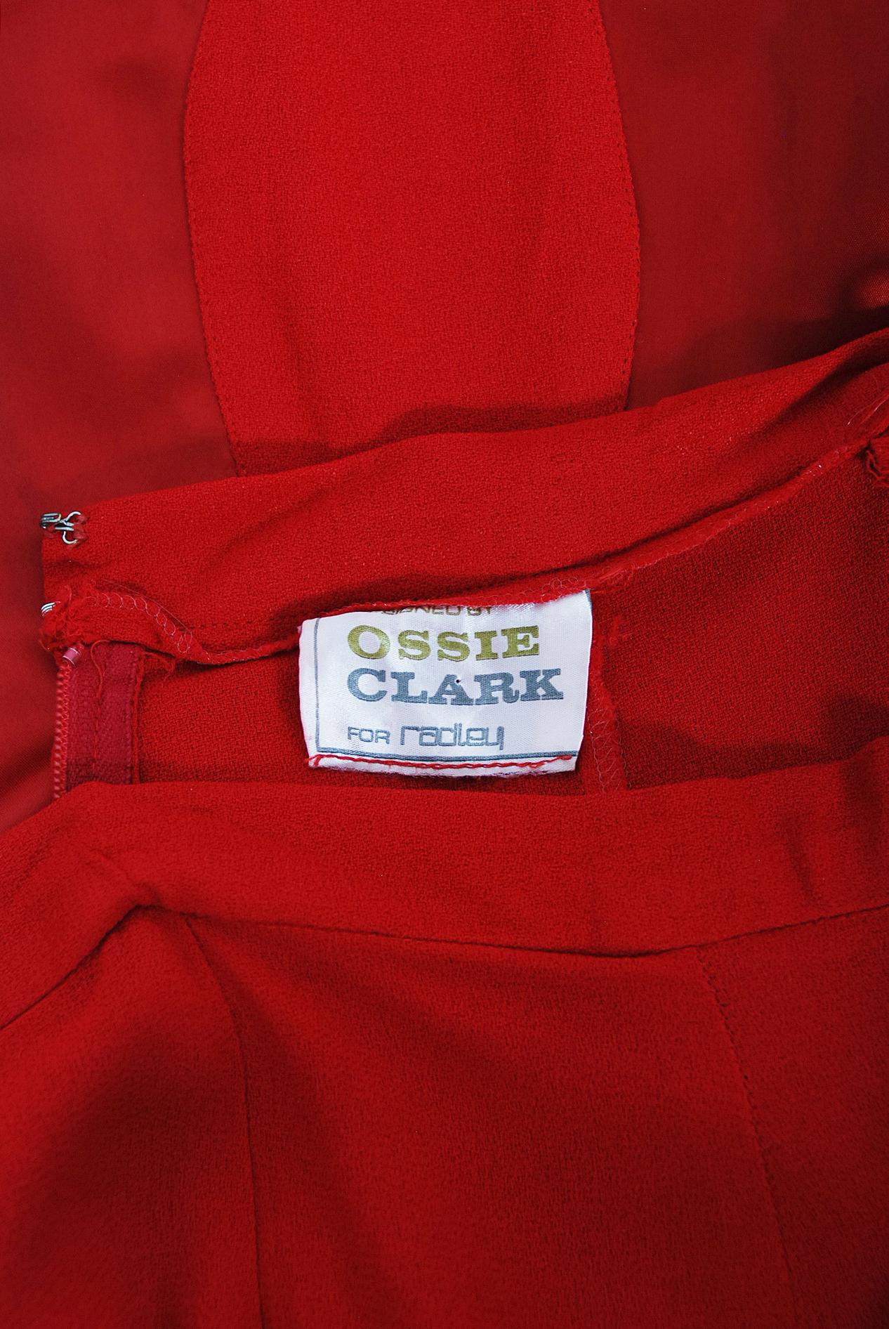 Vintage 1970's Ossie Clark Red Moss-Crepe Satin Deco Peplum Blouse & Maxi Skirt 5