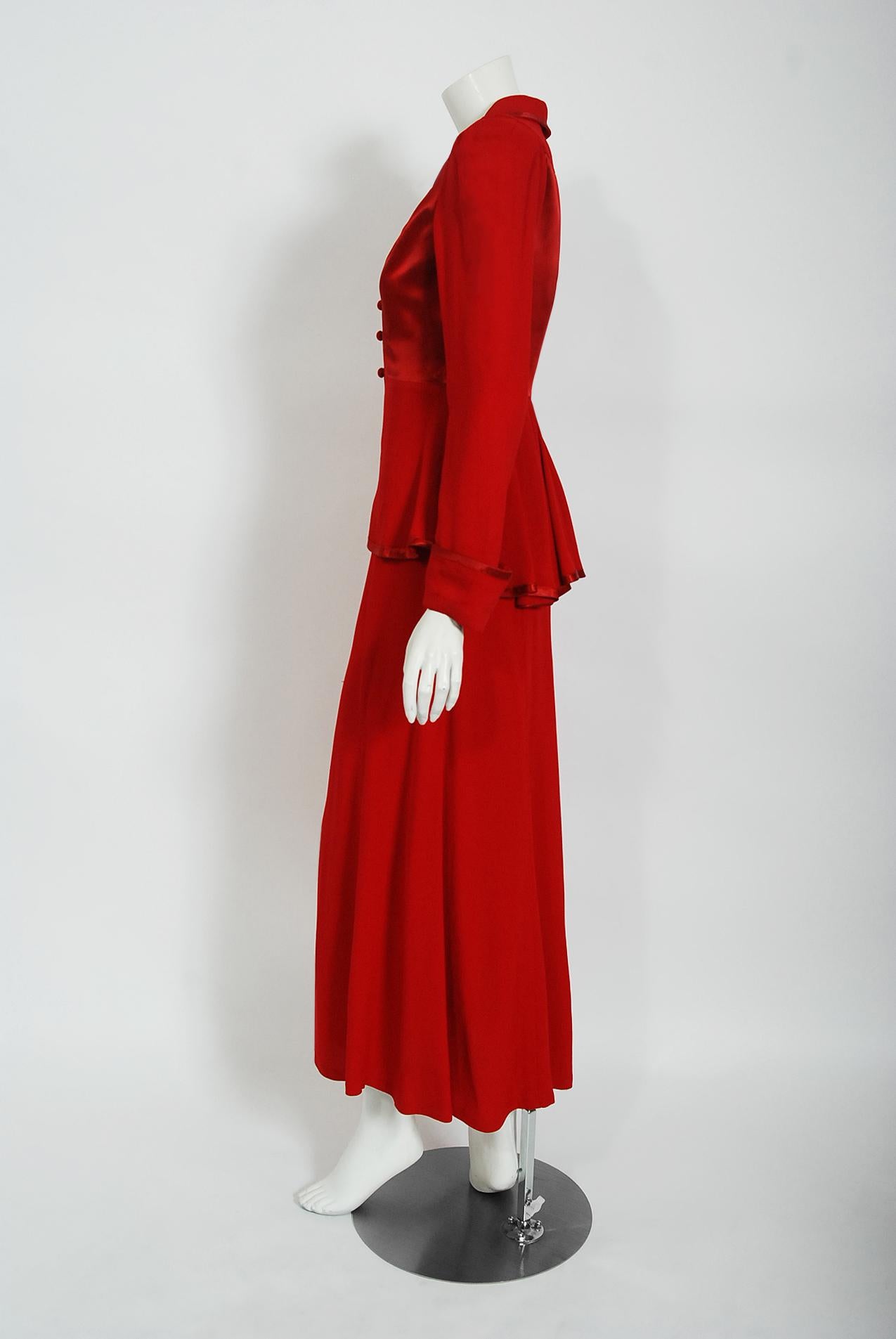 Women's Vintage 1970's Ossie Clark Red Moss-Crepe Satin Deco Peplum Blouse & Maxi Skirt