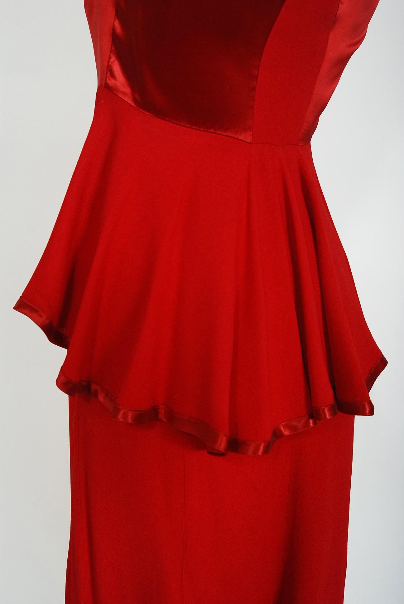 Vintage 1970's Ossie Clark Red Moss-Crepe Satin Deco Peplum Blouse & Maxi Skirt 1