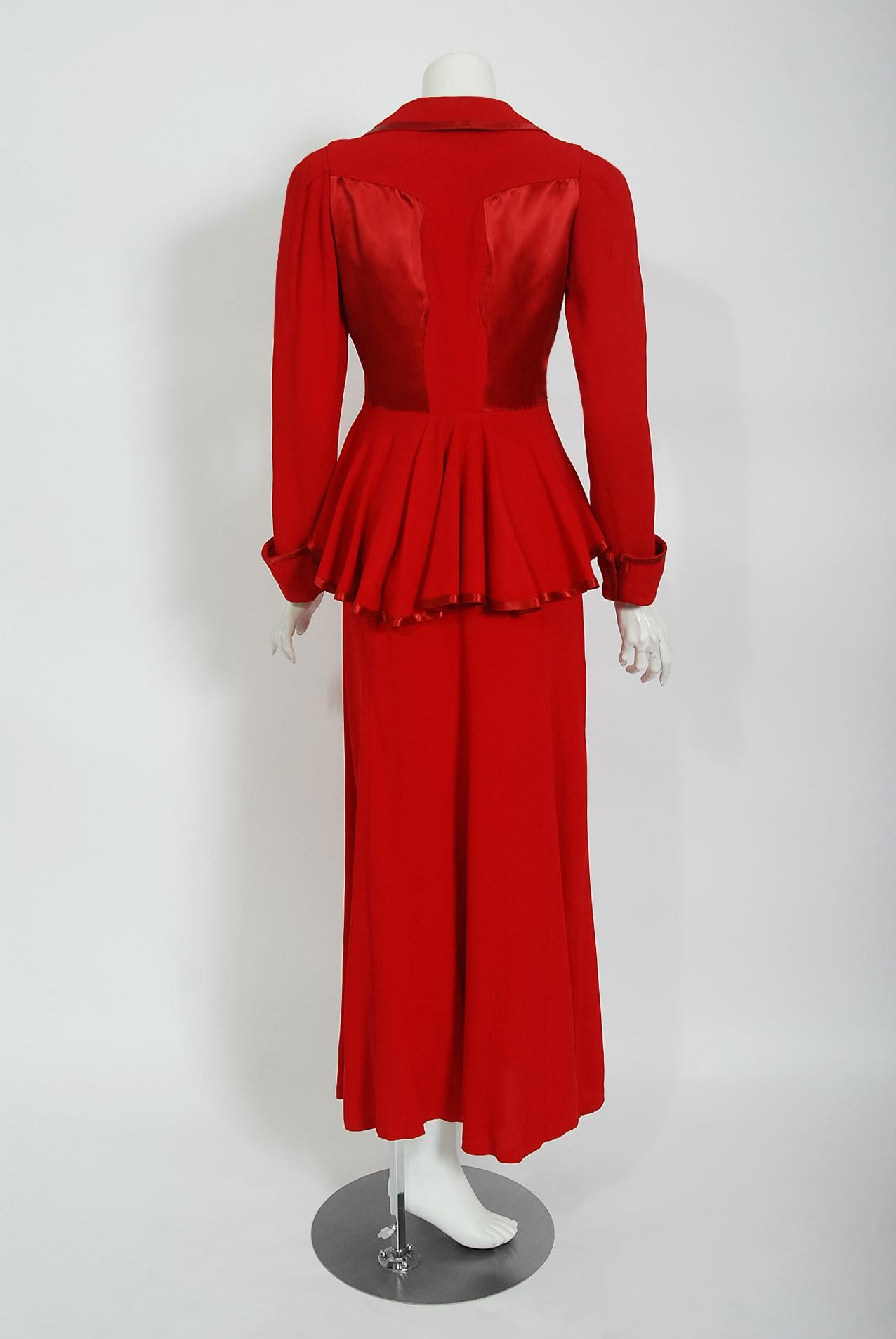 Vintage 1970's Ossie Clark Red Moss-Crepe Satin Deco Peplum Blouse & Maxi Skirt 2