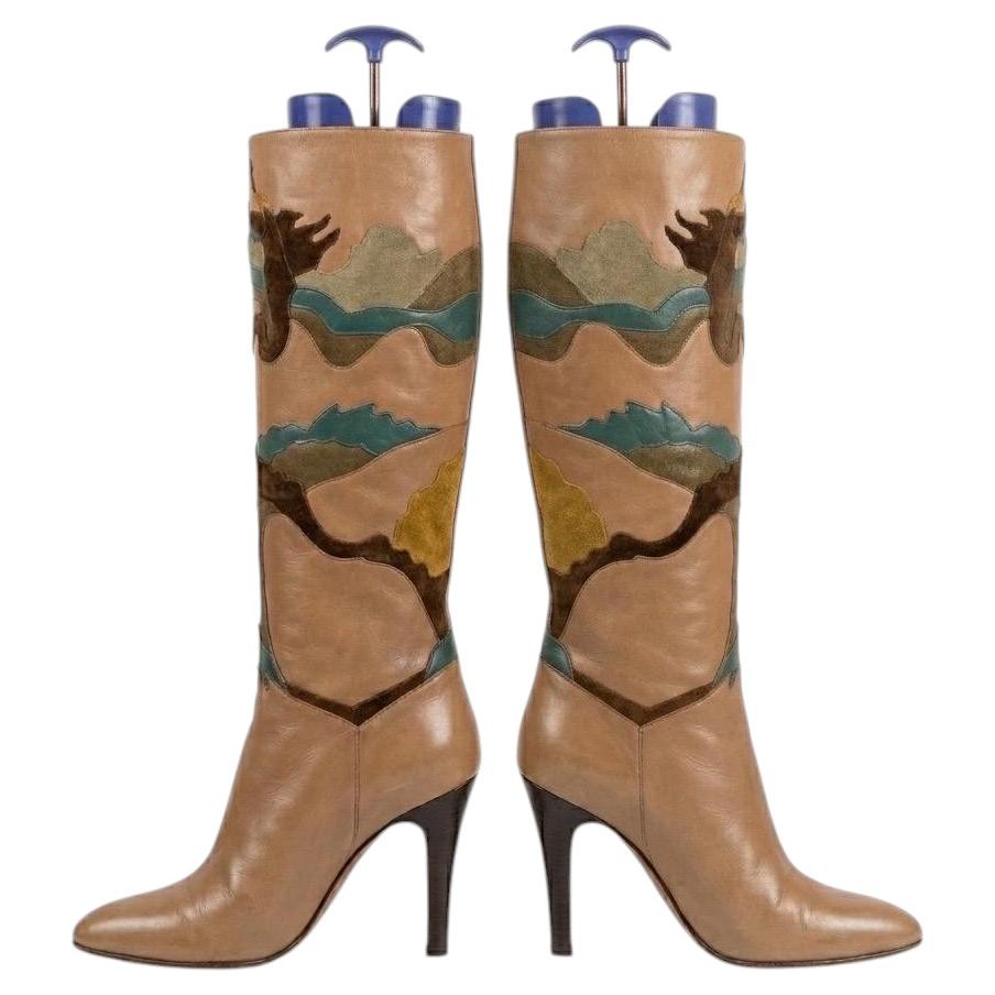 Botas altas hasta la rodilla vintage italianas de los años 70 de Ottorino Rossi, de piel y ante en estilo patchwork