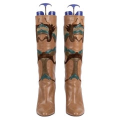 Bottes vintage Ottorino Rossi des années 1970, en cuir et daim italiens, avec motif patchwork, montant jusqu'aux genoux