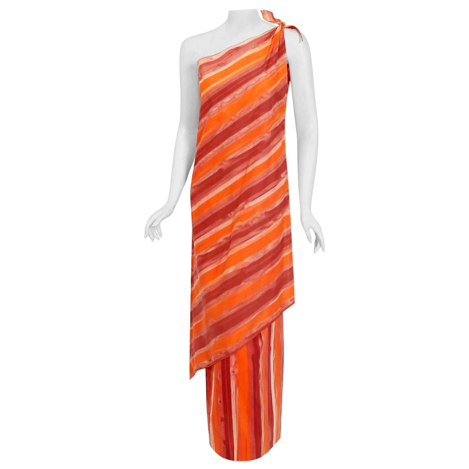 Vintage 1970's Paco Rabanne Striped Cotton One-Shoulder Asymmetric Dress Set