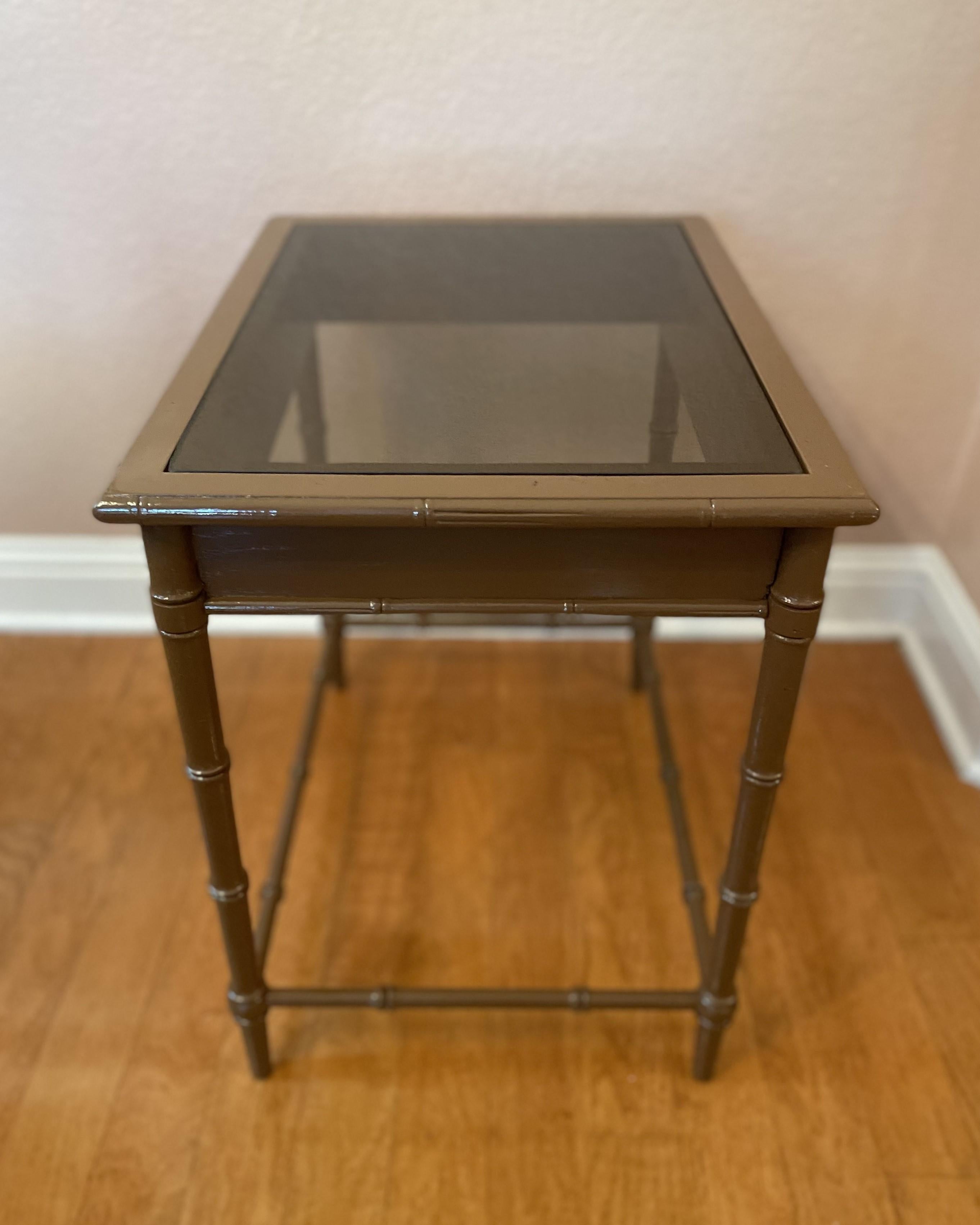 Vintage 1970s Painted Faux Bamboo Nesting Tables with Smoked Glass Tops For Sale 4