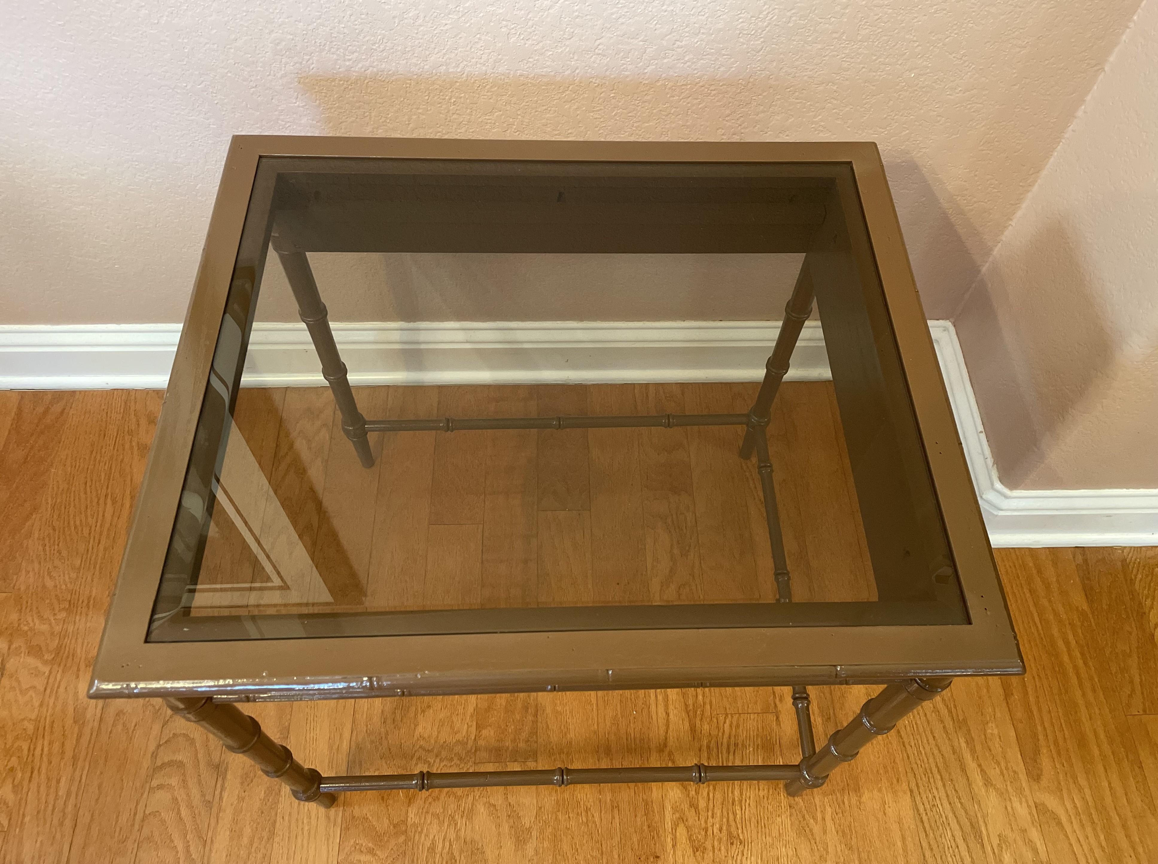 Vintage 1970s Painted Faux Bamboo Nesting Tables with Smoked Glass Tops For Sale 8