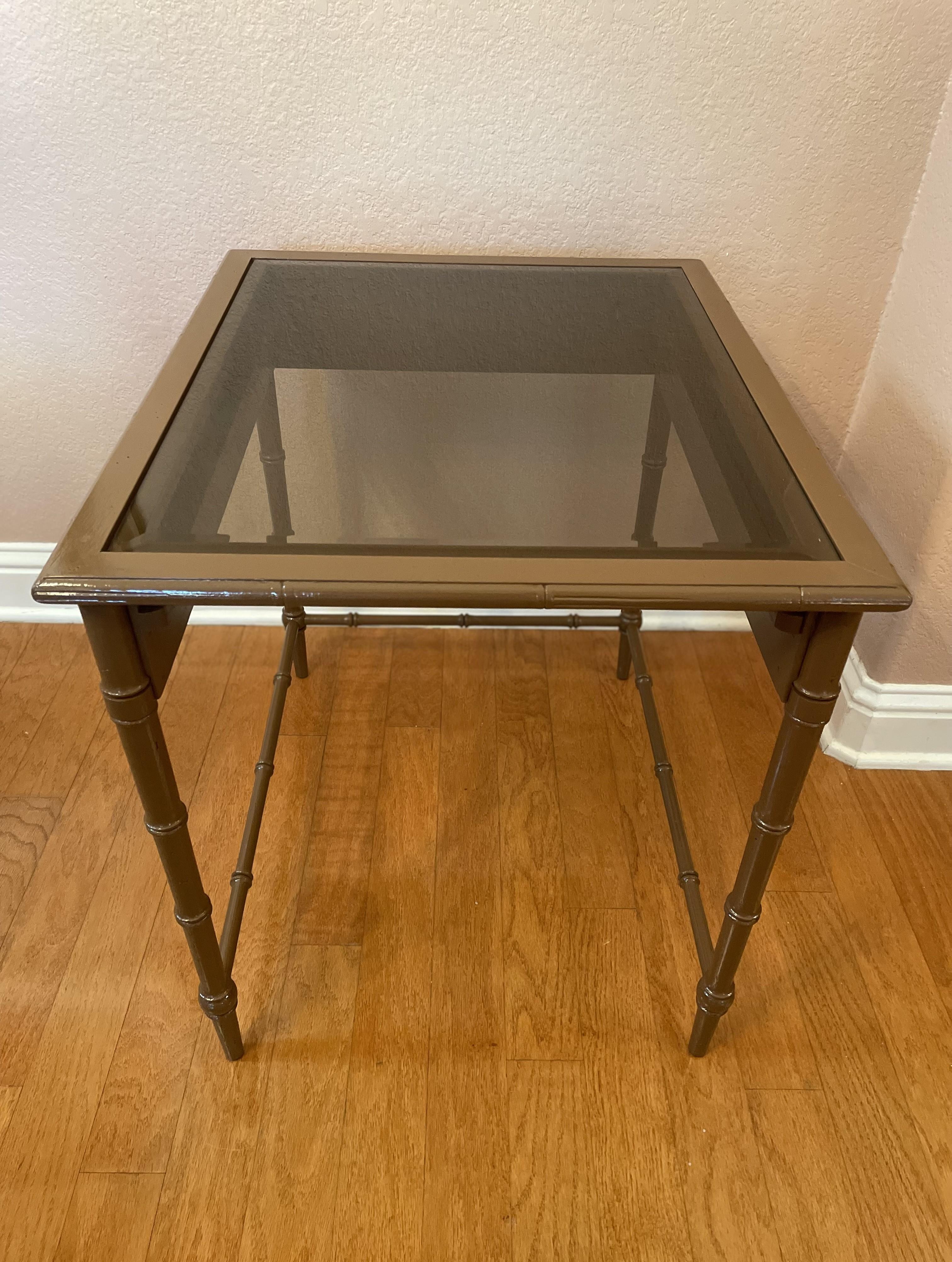 Vintage 1970s Painted Faux Bamboo Nesting Tables with Smoked Glass Tops For Sale 10