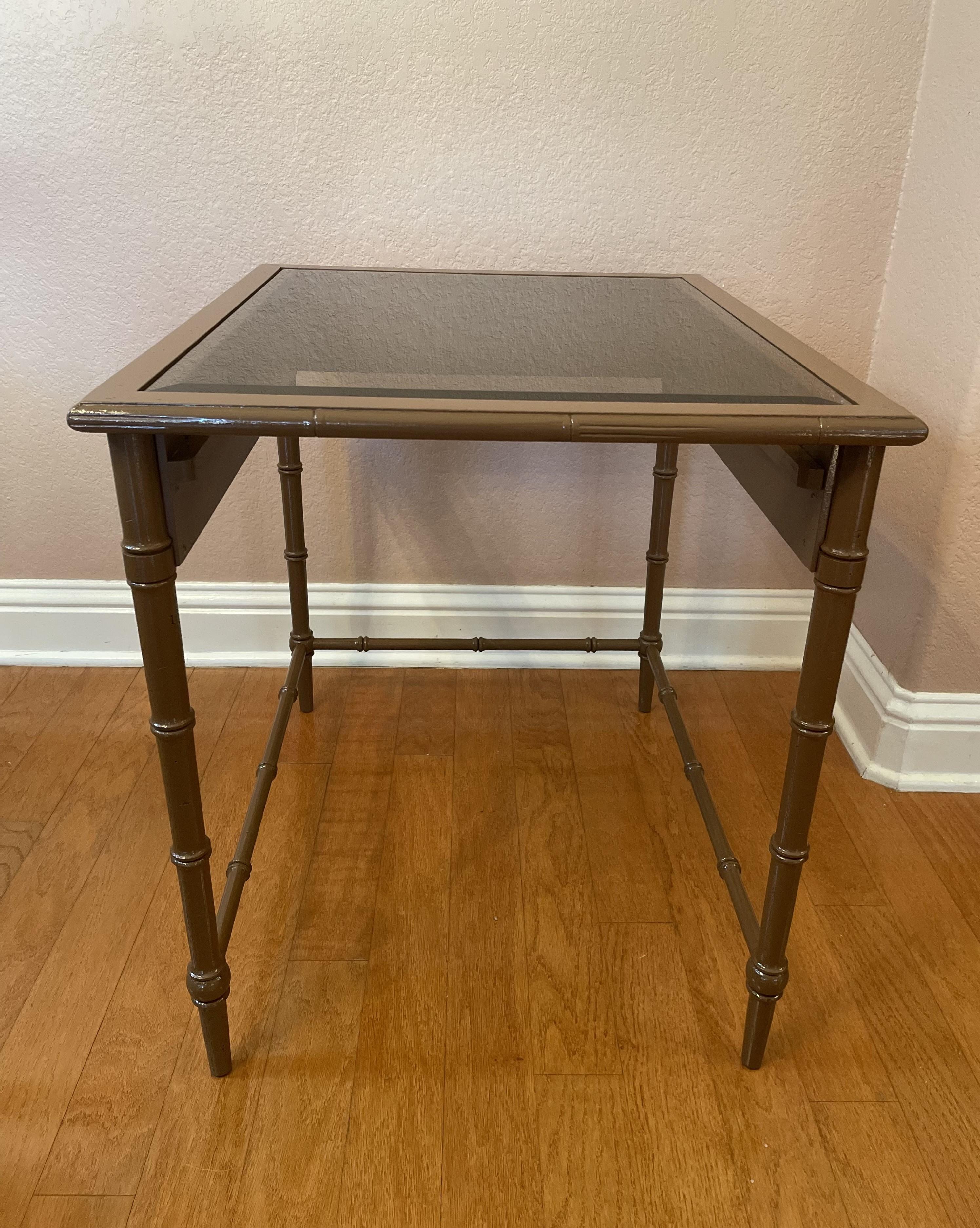 Vintage 1970s Painted Faux Bamboo Nesting Tables with Smoked Glass Tops For Sale 11