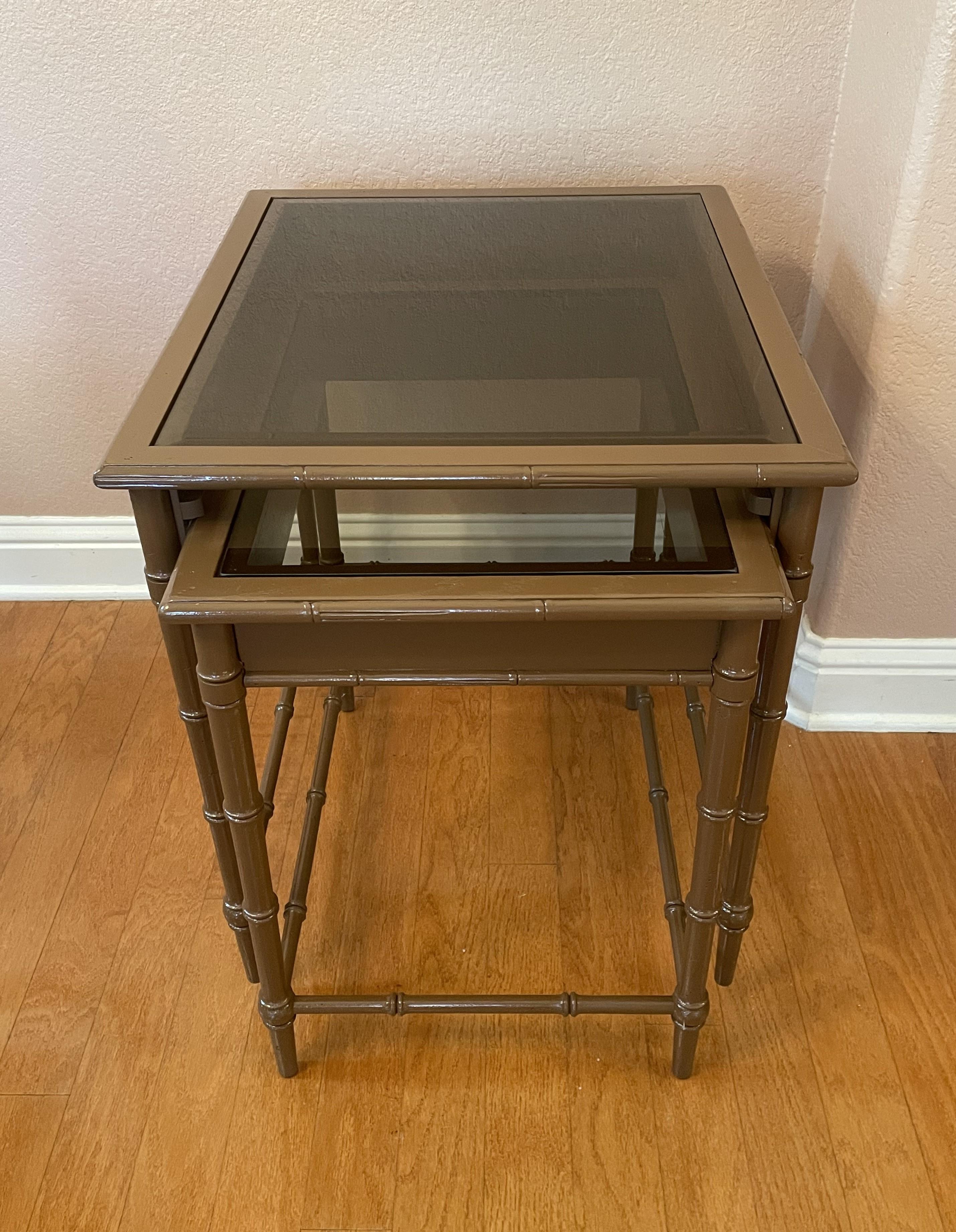 20th Century Vintage 1970s Painted Faux Bamboo Nesting Tables with Smoked Glass Tops For Sale