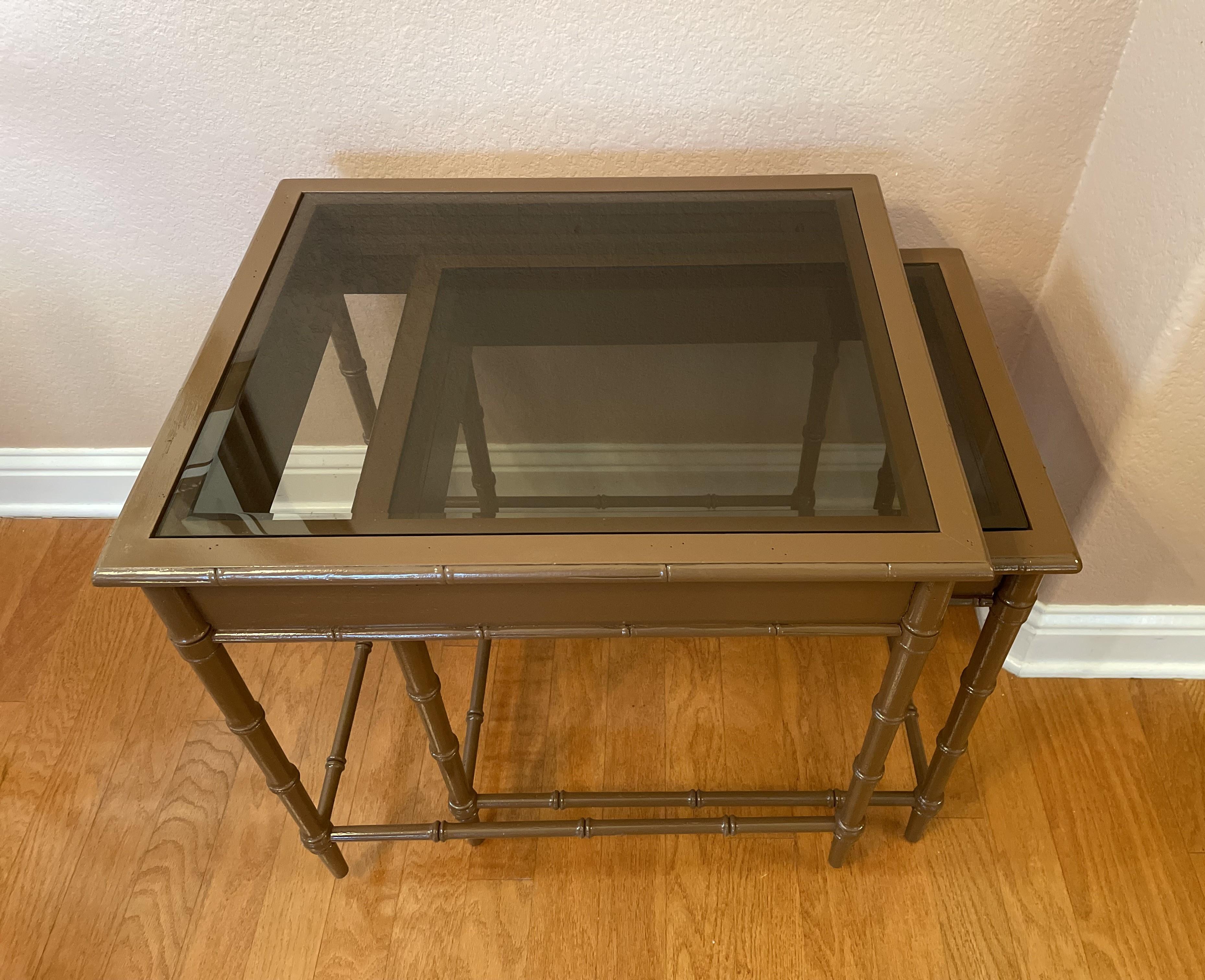 Vintage 1970s Painted Faux Bamboo Nesting Tables with Smoked Glass Tops For Sale 1