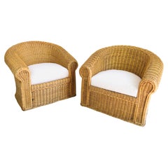 Vintage 1970s Pair of Oversized Natural Wicker / Rattan Coastal Lounge Chairs