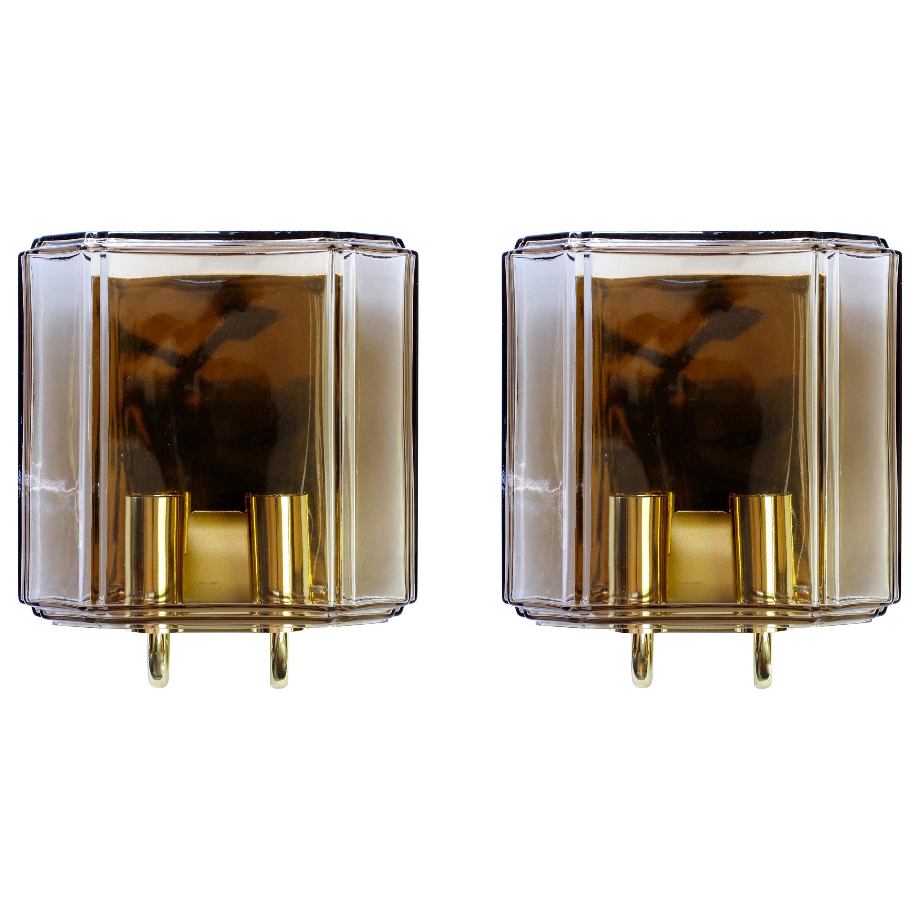Vintage 1970s Pair of Toned Glass Wall Mounted Sconces by Limburg, Germany