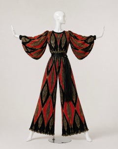 Vintage 1970s Paisley Pleated Palazzo Jumpsuit, Dramatic Sleeves & Tassel Tie