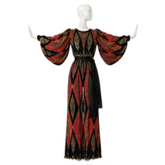 Vintage 1970s Paisley Pleated Palazzo Jumpsuit, Dramatic Sleeves & Tassel Tie