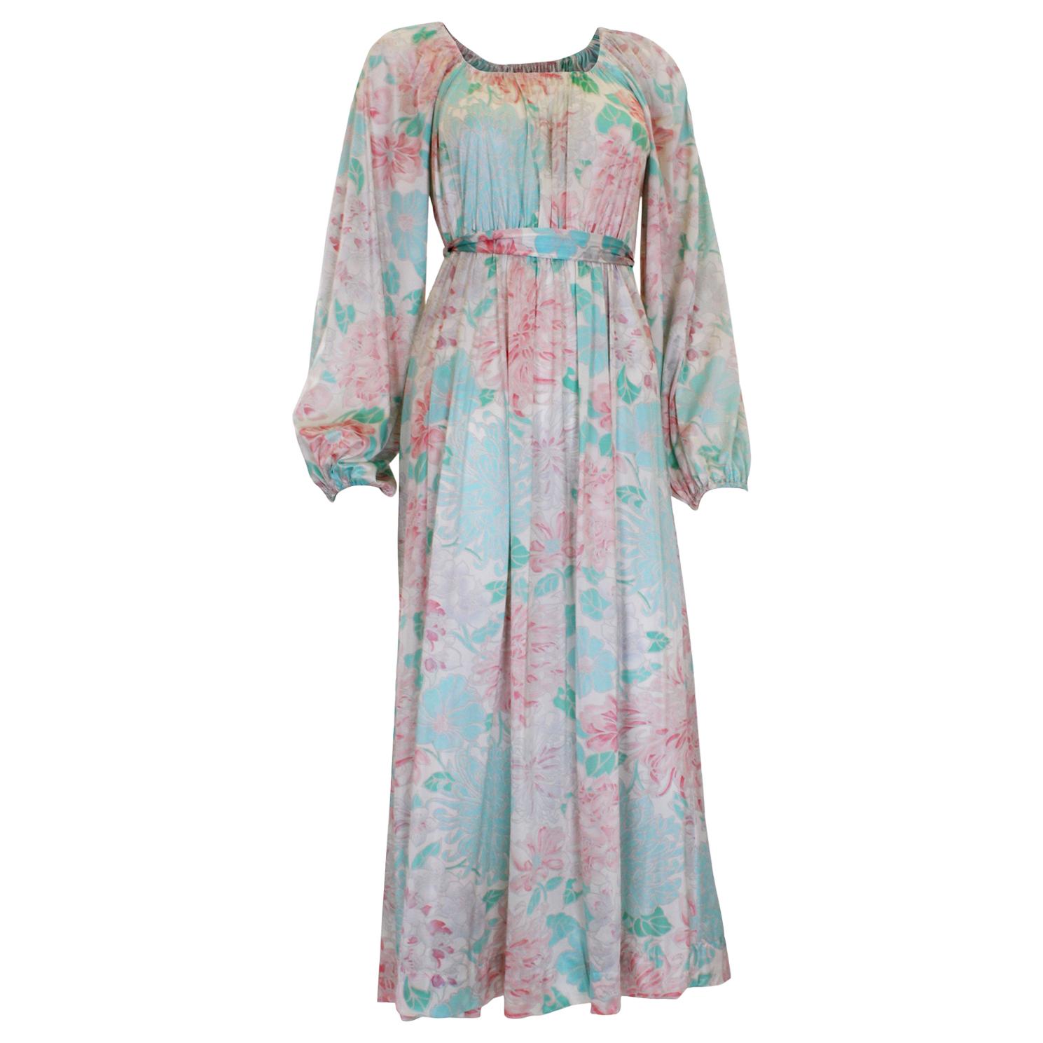 Vintage 1970s Pastel Coloured Floral Print Jersey Dress For Sale