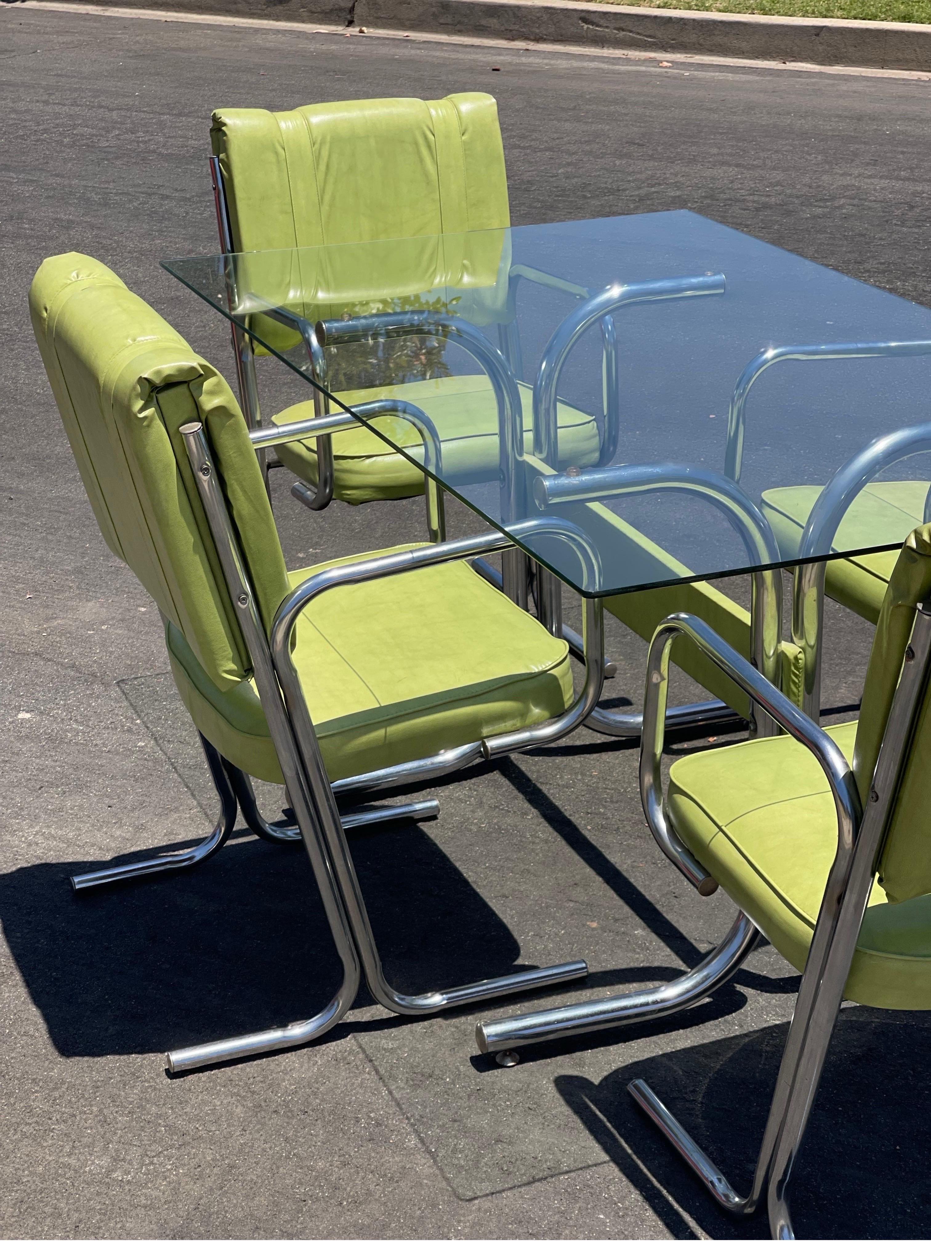 Fabric Vintage 1970s Pastel Lime and Chrome Tubular Dining Set